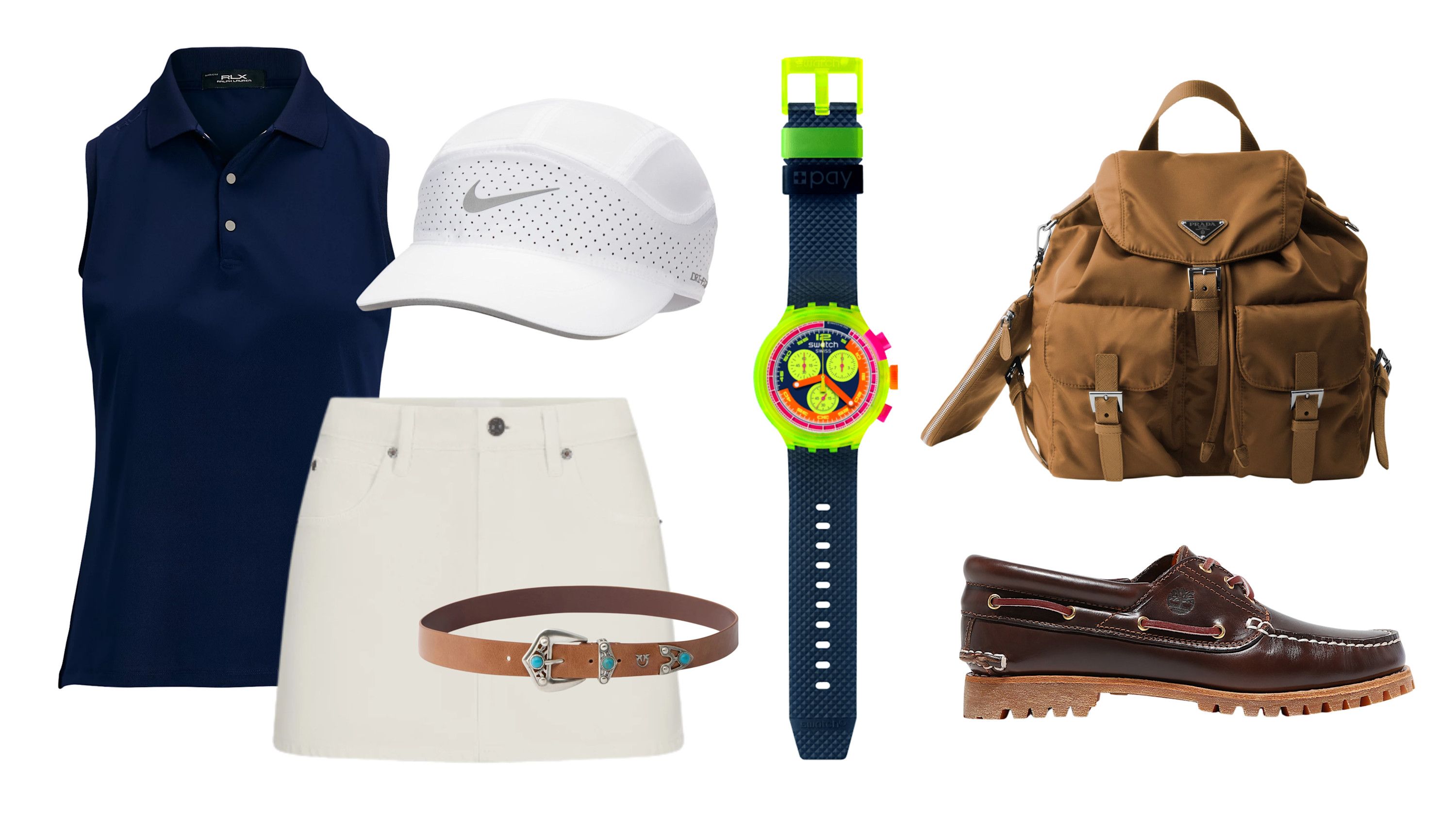 Polo, Ralph Lauren; minigonna, Frame; cintura, Pinko; cappellino, Nike; zaino, Prada; scarpa, Timberland; orologio, Swatch
