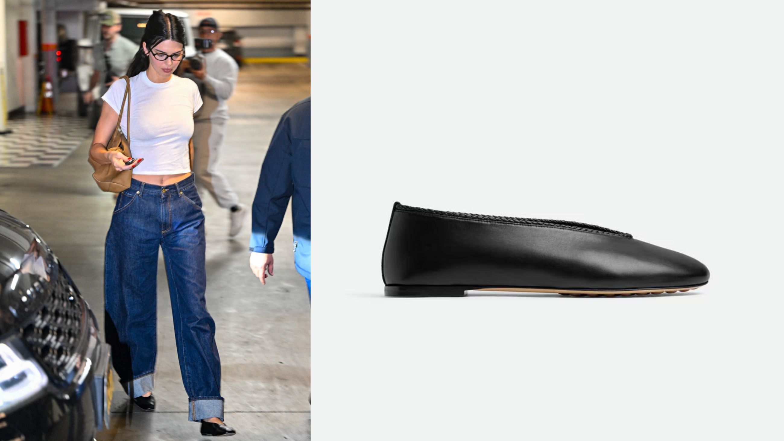 Da sinistra: Kendall Jenner - Credits Getty Images; Ballerine Bottega Veneta