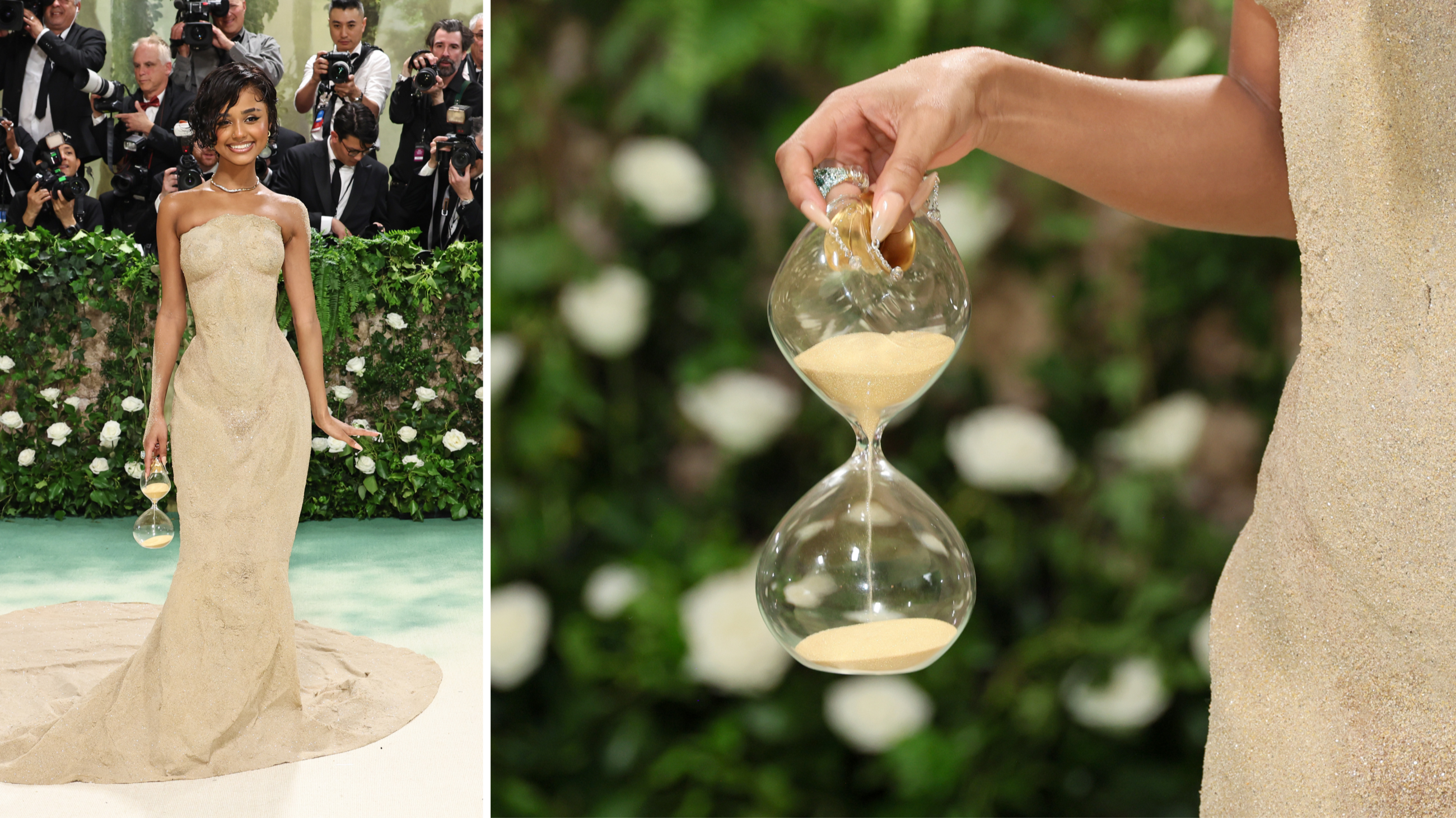 La cantante Tyla con abito e borsa a clessidra di Balmain
Credit: Getty Images