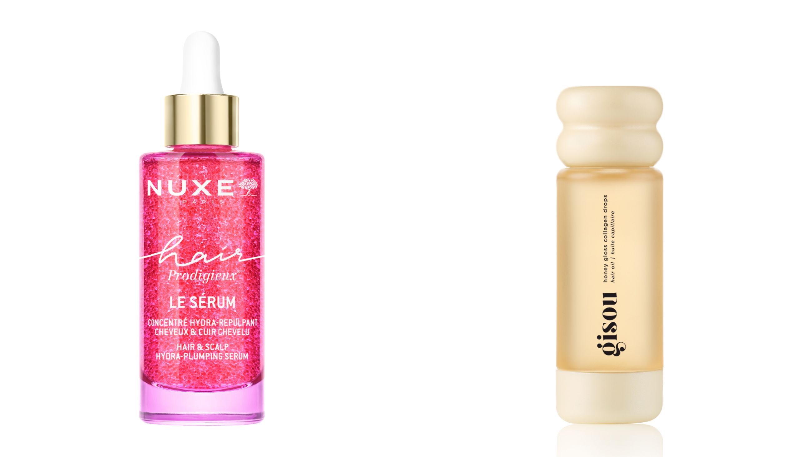 Da sinistra: Nuxe, Hair Prodigieux Le Sérum; Gisou, Honey Gloss Collagen Drops - Courtesy Press Office