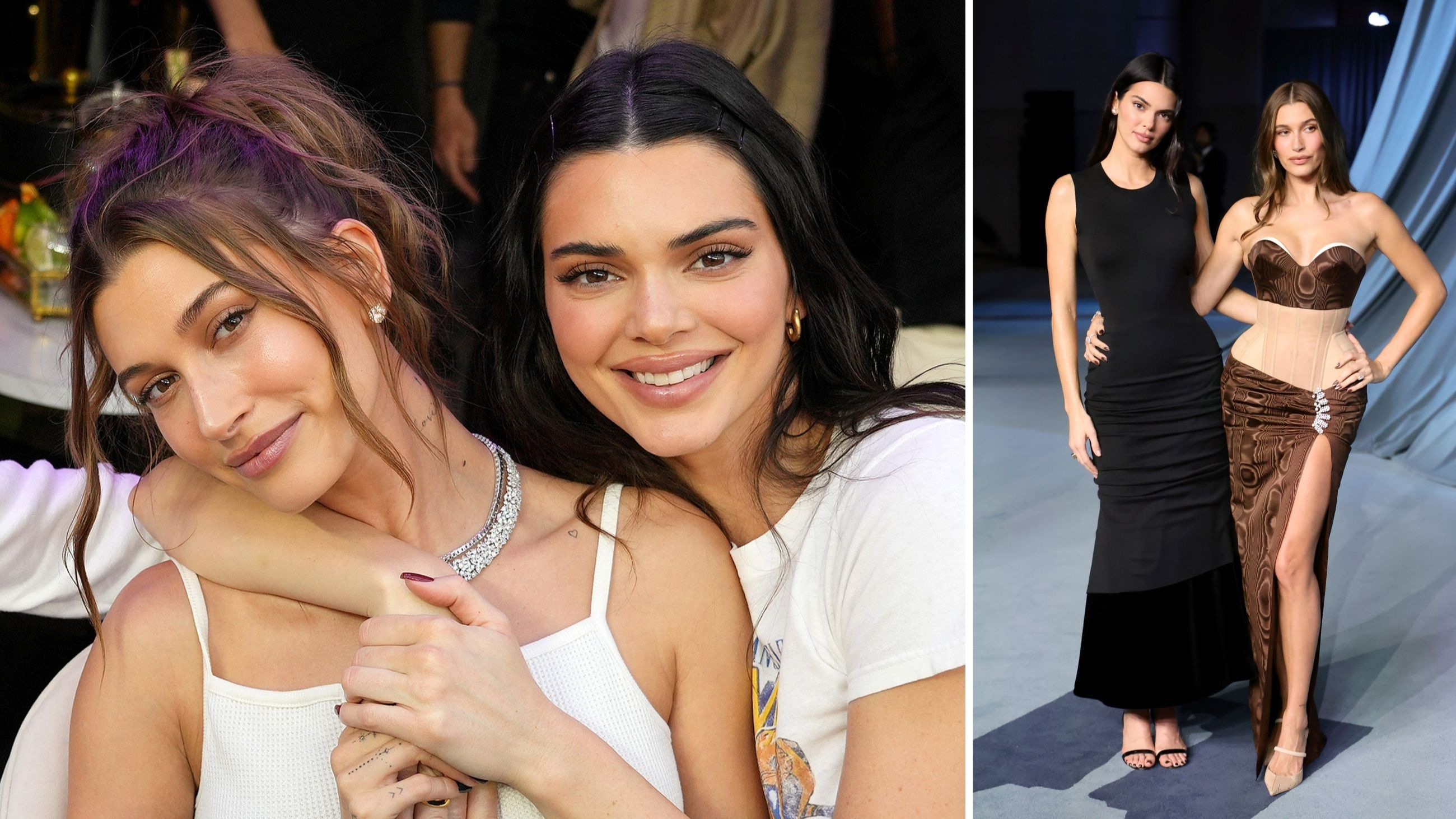 A sinistra, Hailey Bieber e Kendall Jenner assistono al Super Bowl LVI al SoFi Stadium di Inglewood; 13 febbraio 2022, California; a destra, le amiche insieme al Gala annuale dell’Academy Museum all’Academy Museum of Motion Pictures; 18 ottobre 2025, Los Angeles, California - Credits: Getty Images