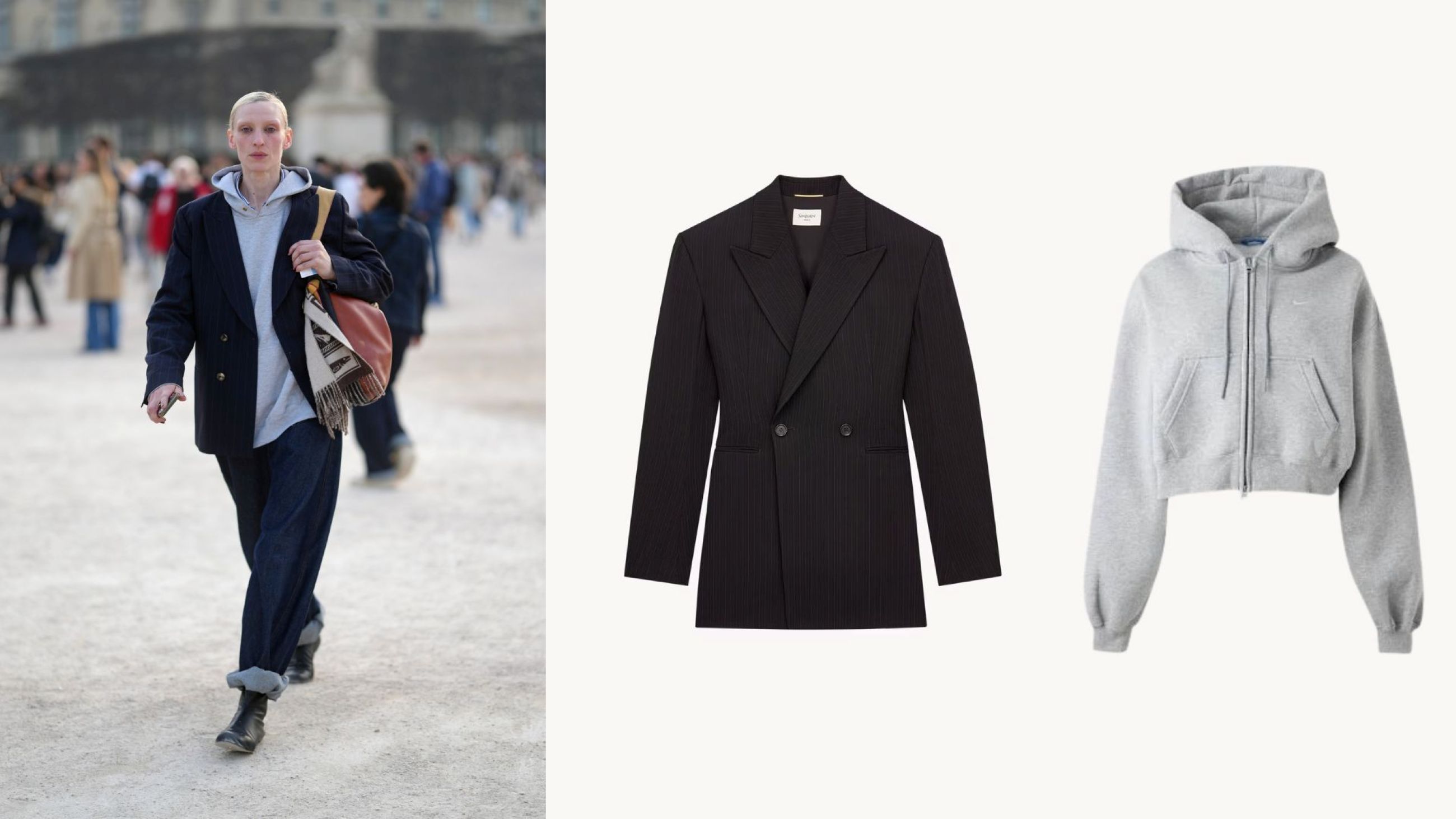 Street Style; blazer Sain Laurent e hoodie grigia Nike - Credits: Getty Images; Courtesy Press Office