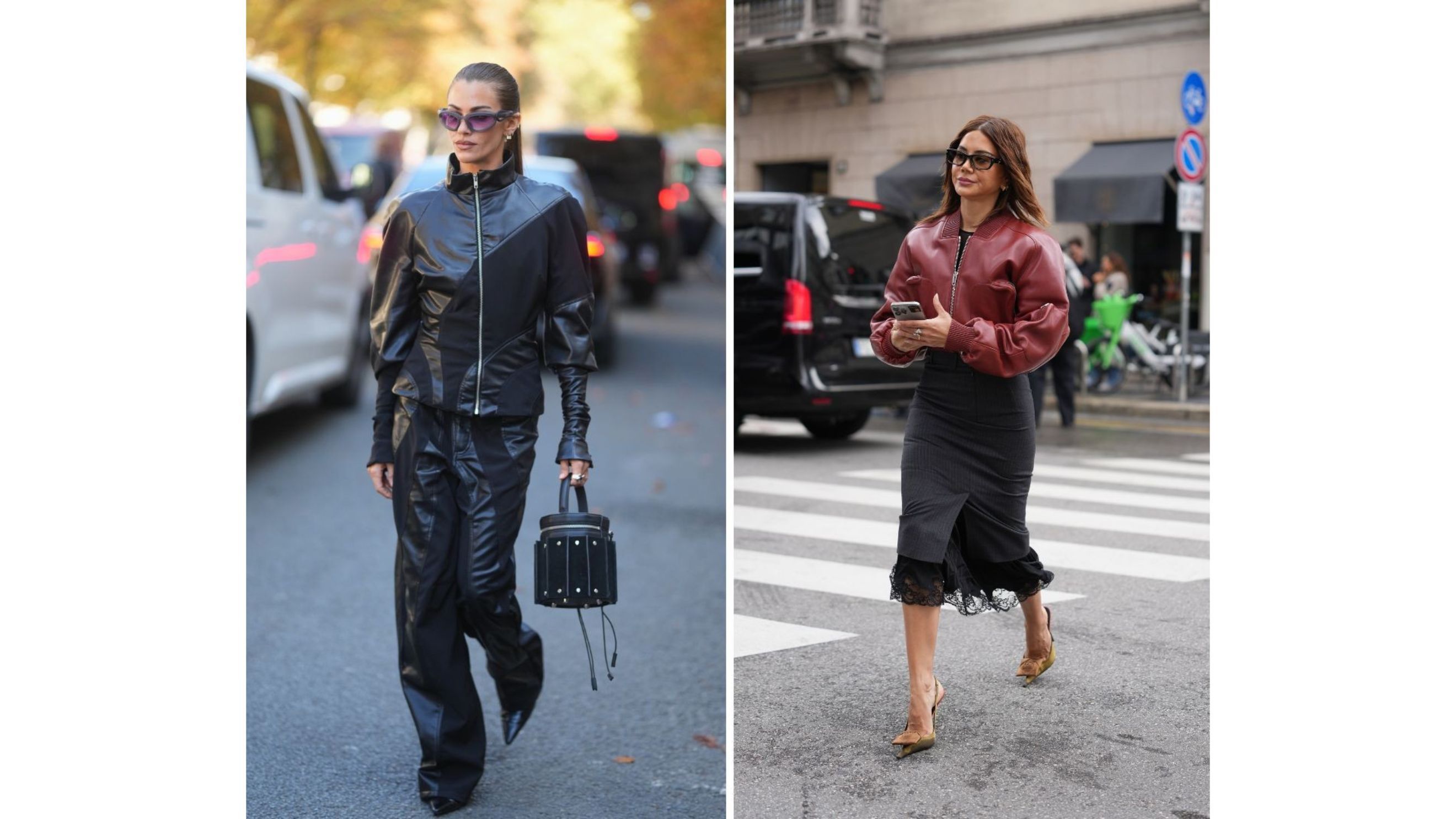 Clara Berry indossa occhiali da sole, giacca di pelle, pantaloni, tacchi e borsa total black fuori da Weinsanto durante la Settimana della Moda di Parigi SS26; Il look di Christine Centenera fuori da Ferragamo durante la Settimana della Moda di Milano SS26 -  Credits: Getty Images
