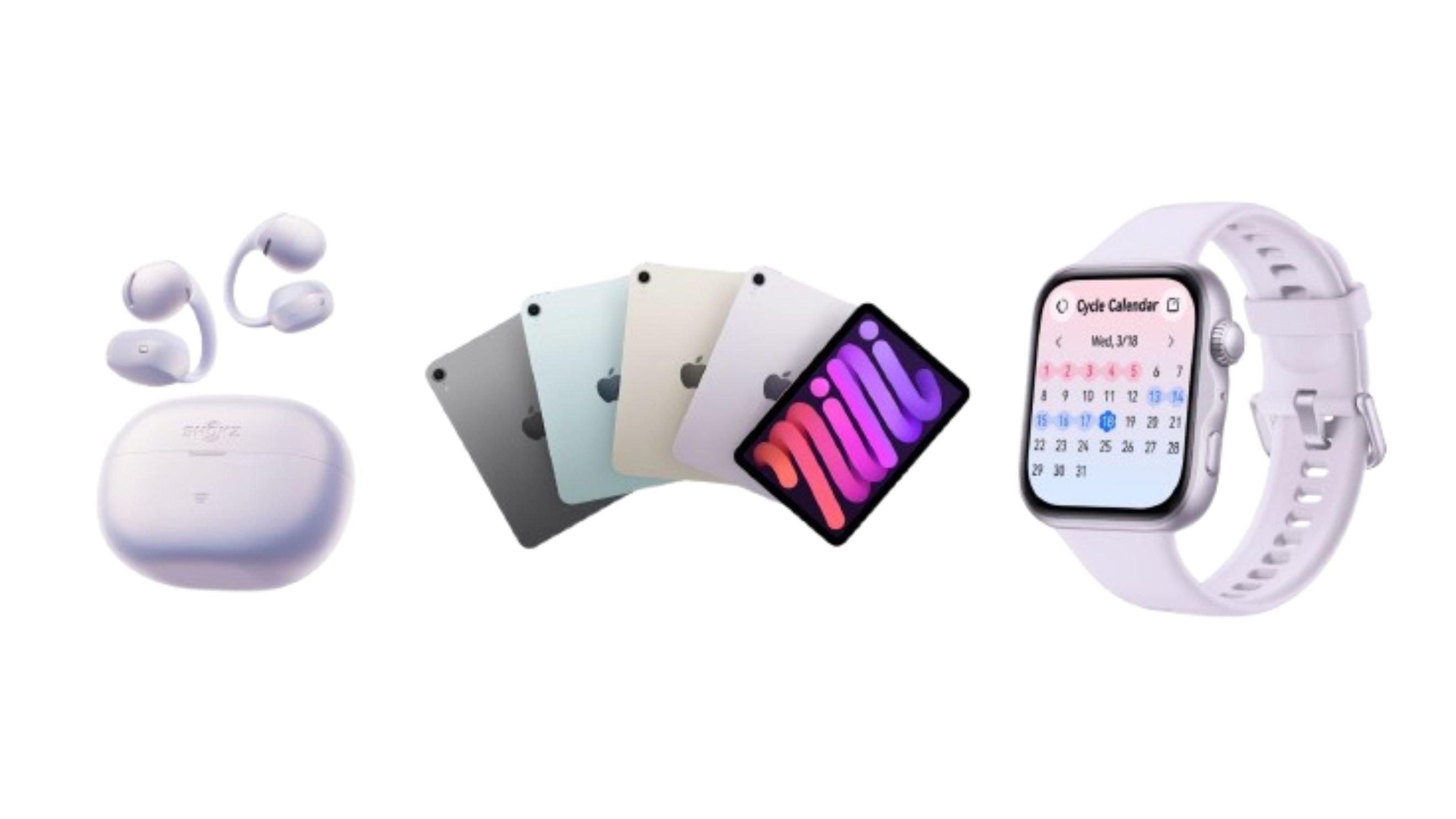Shokz OpenDots; iPad mini; Huawei Watch Fit - Credits: Courtesy Press Office 