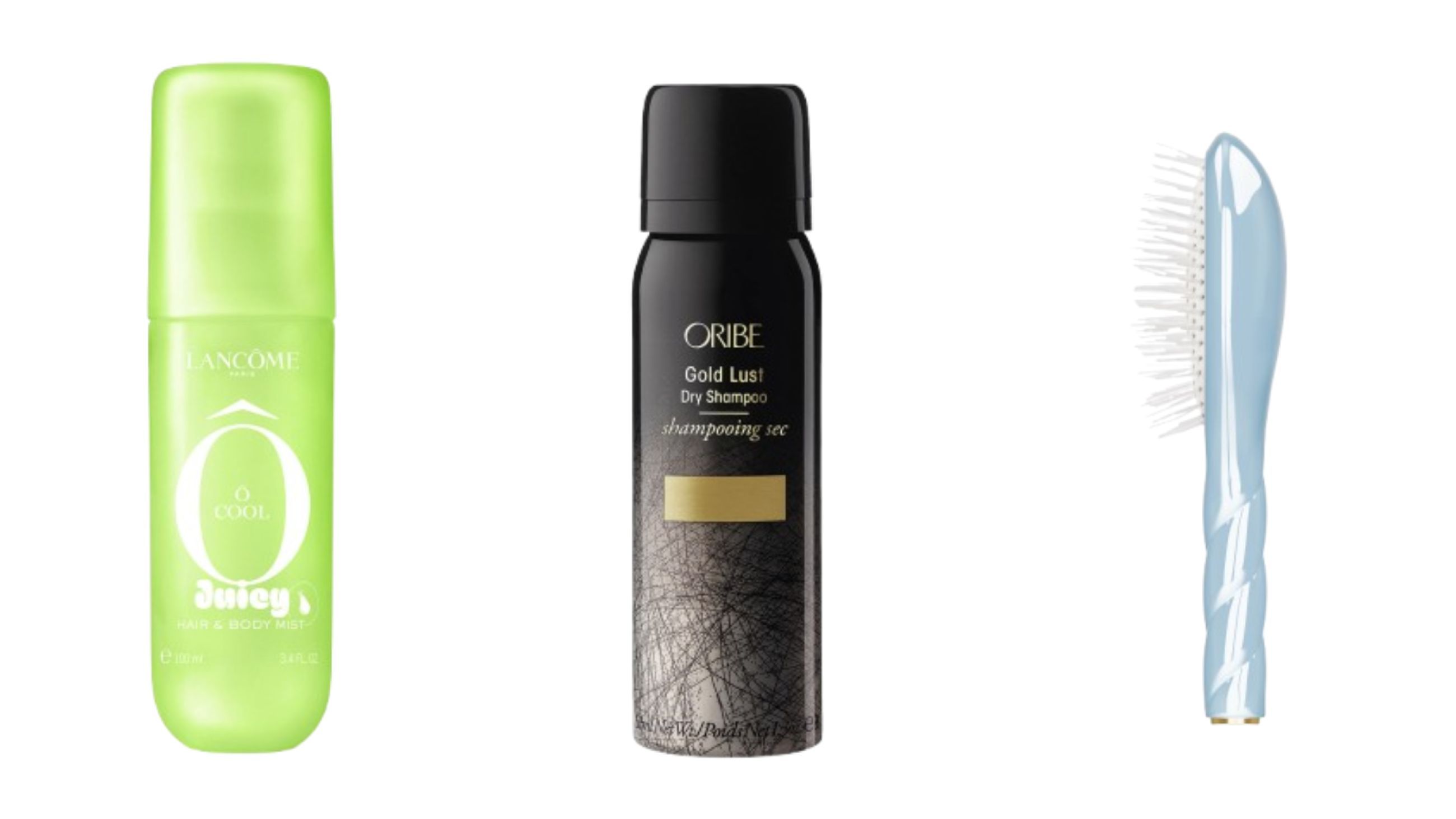 Da sinistra: Lancôme, Ô Cool Juicy Hair and Body Mist; Oribe, Gold Lust Dry Shampoo; La Bonne Brosse, Mini Brush - Courtesy Press Office
