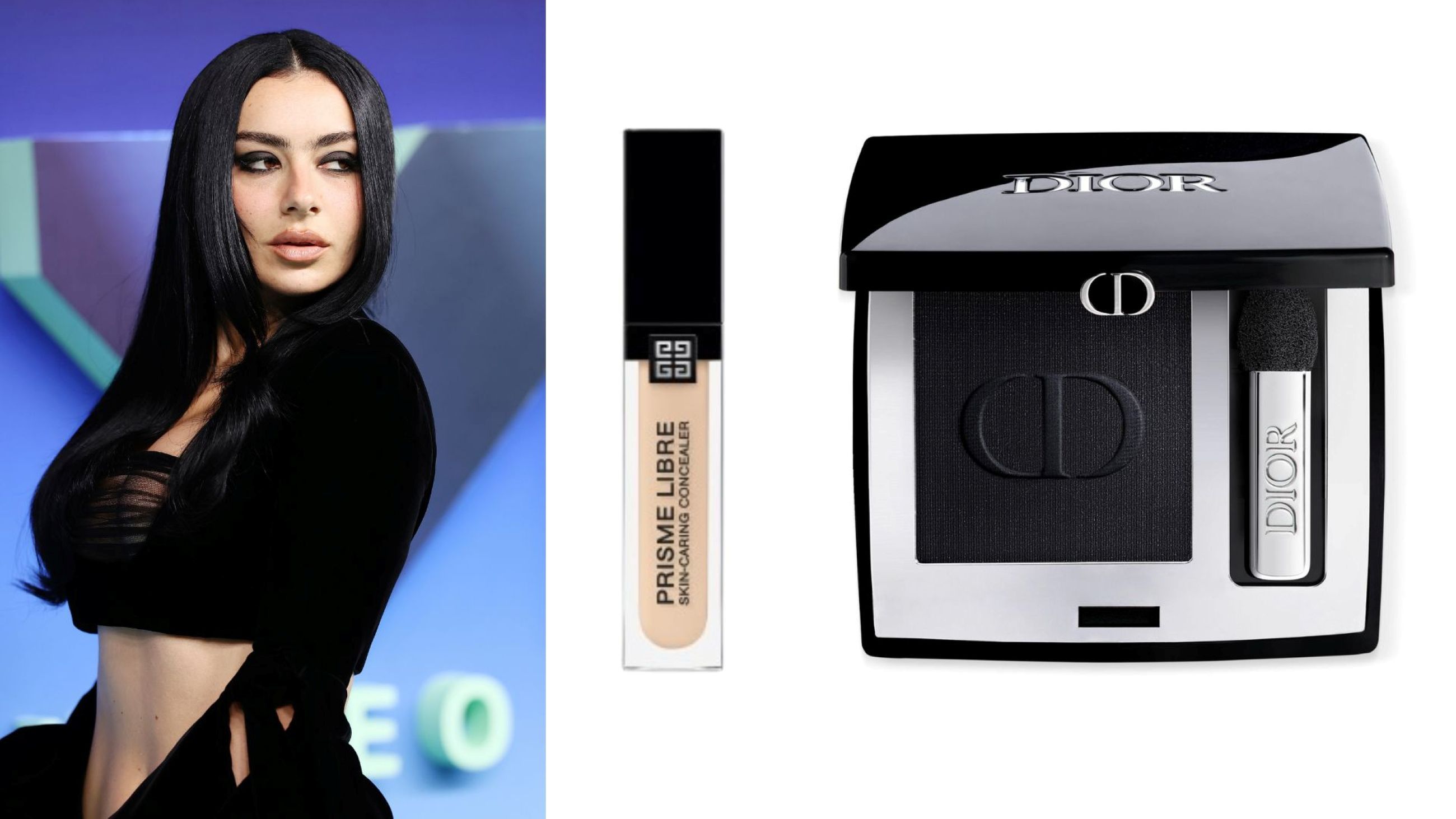 Charli XCX; Givenchy, Correttore Prisme Libre; Dior, Diorshow Mono Couleur Couture Shadow - Credits: Getty Images; Courtesy Press Office