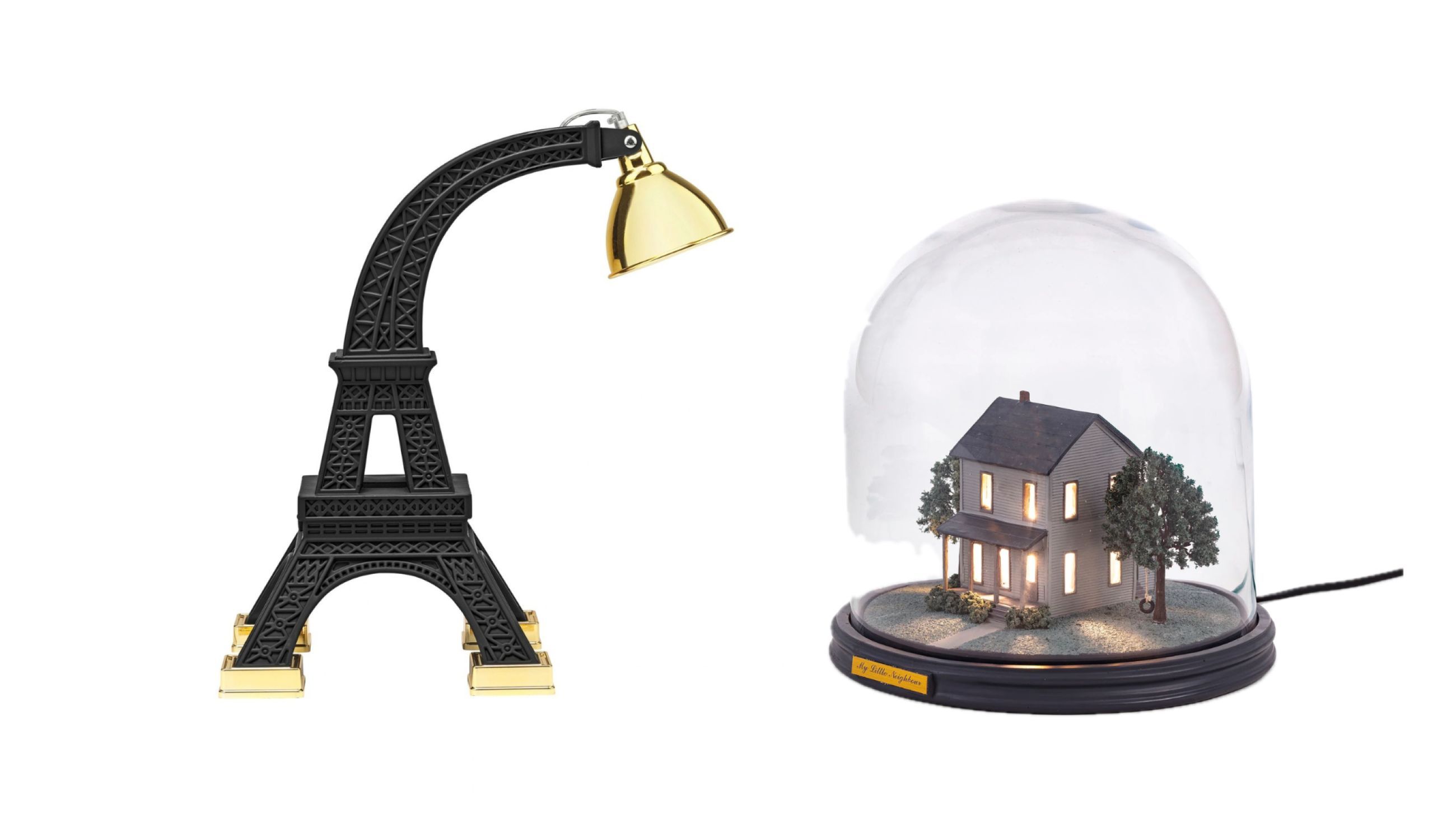 Da sinistra: Lampada da tavolo Paris M di Qeeboo disegnata da Studio Job - Courtesy Qeeboo; Lampada da tavolo My Little Neighbour di Marcantonio per Seletti - Courtesy Seletti