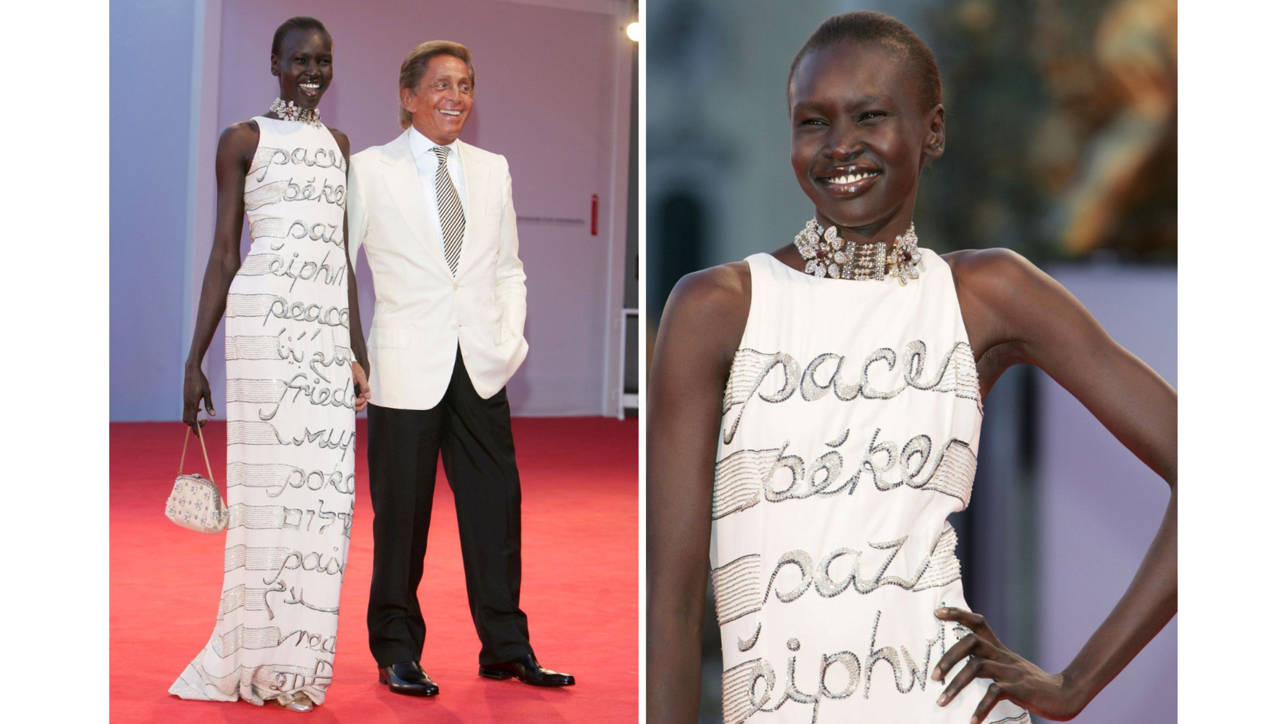 La top model Alek Wek e lo stilista Valentino Garavani sfilano sul red carpet di Venezia nel 2005 - Credits Getty Images 
