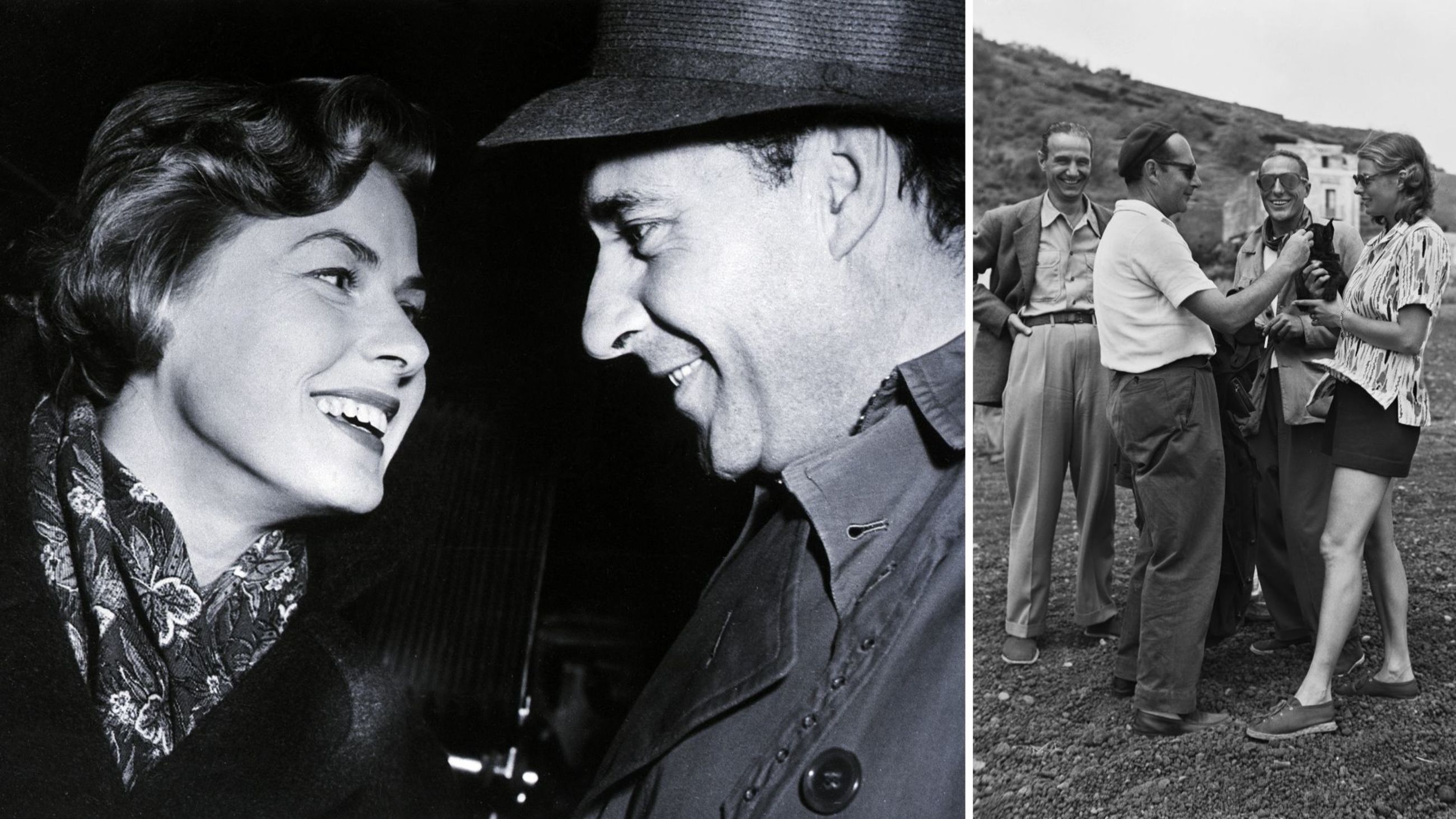 Roberto Rossellini e Ingrid Bergman, 1951; Il regista e sceneggiatore italiano Roberto Rossellini (1906-1977), l’attore italiano Renzo Cesana (1907-1970) e l’attrice svedese Ingrid Bergman (1915-1982) durante una pausa dalle riprese del film Stromboli, sulla spiaggia di Scari, a Stromboli, Italia, intorno al 1950. Diretto da Rossellini, il film vedeva Bergman nel ruolo di Karin e Cesana in quello del sacerdote - Credits: Getty Images