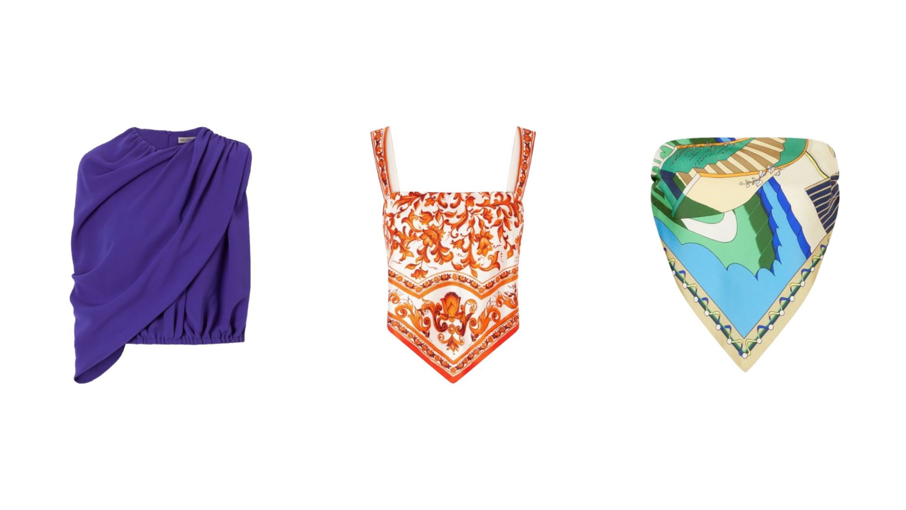 Top viola di Balenciaga; top con stampe ispirate alle maioliche di Dolce&Gabbana; Top bandana di Tory Burch Credits: Courtesy Press Office
