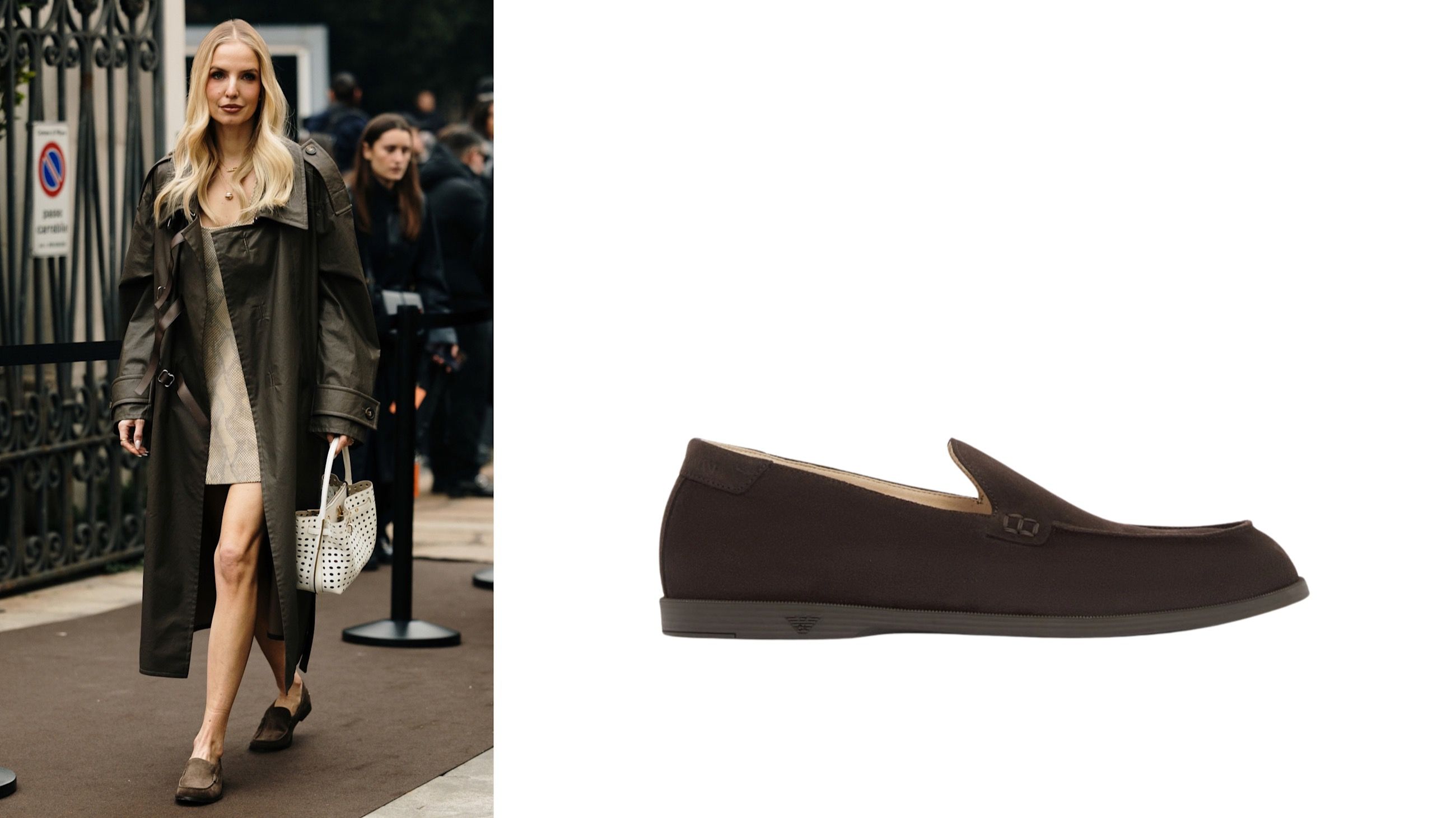 Da sinistra: street style, credits Launchmetrics.com/Spotlight; mocassino in suede, Emporio Armani