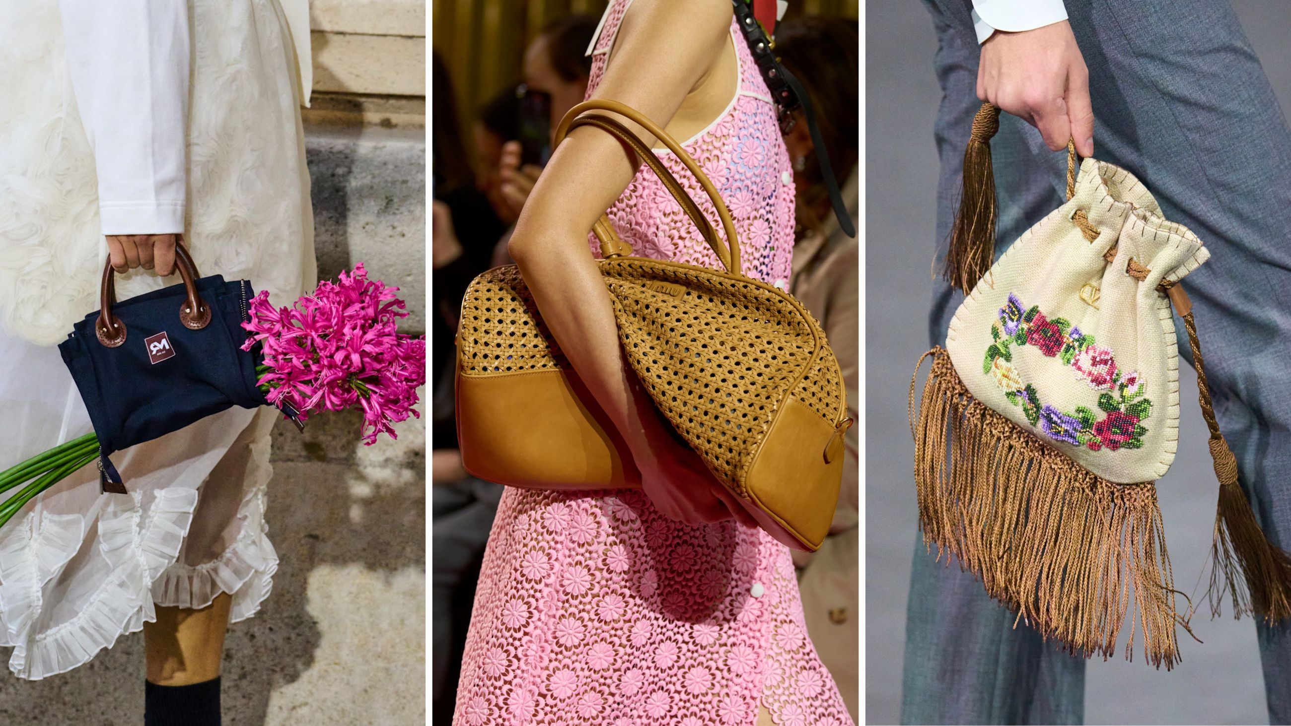 Un outfit campestre si definisce anche nei suoi particolari, come ad esempio le borse chic, ma anche funzionali. Dalle passerelle PE26: da sinistra Meryll Rogge; Miu Miu; Valentino - Credits: Launchmetrics.com/Spotlight