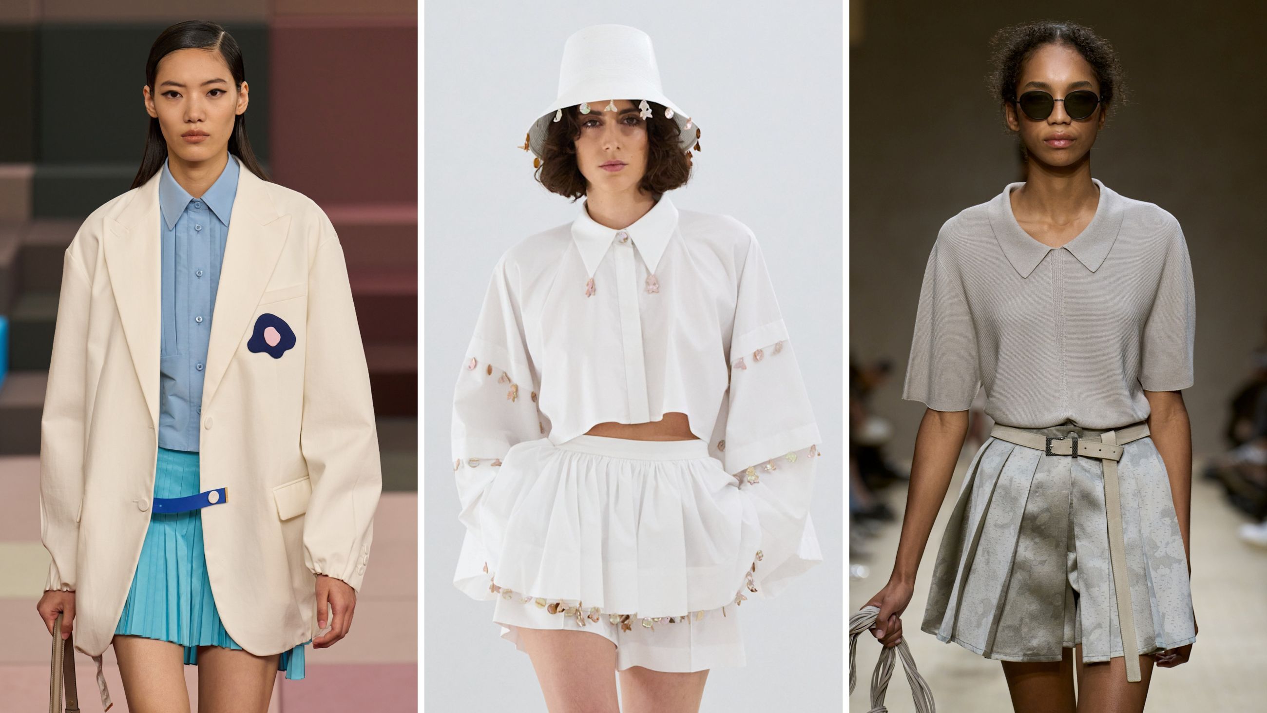 Le gonne corte conquistano i campi da tennis portando con sé spirito sbarazzino e malizia. Dalle passerelle PE26: da sinistra, look Fendi; Vivetta; Emporio Armani - Credits: Launchmetrics.com/Spotlight