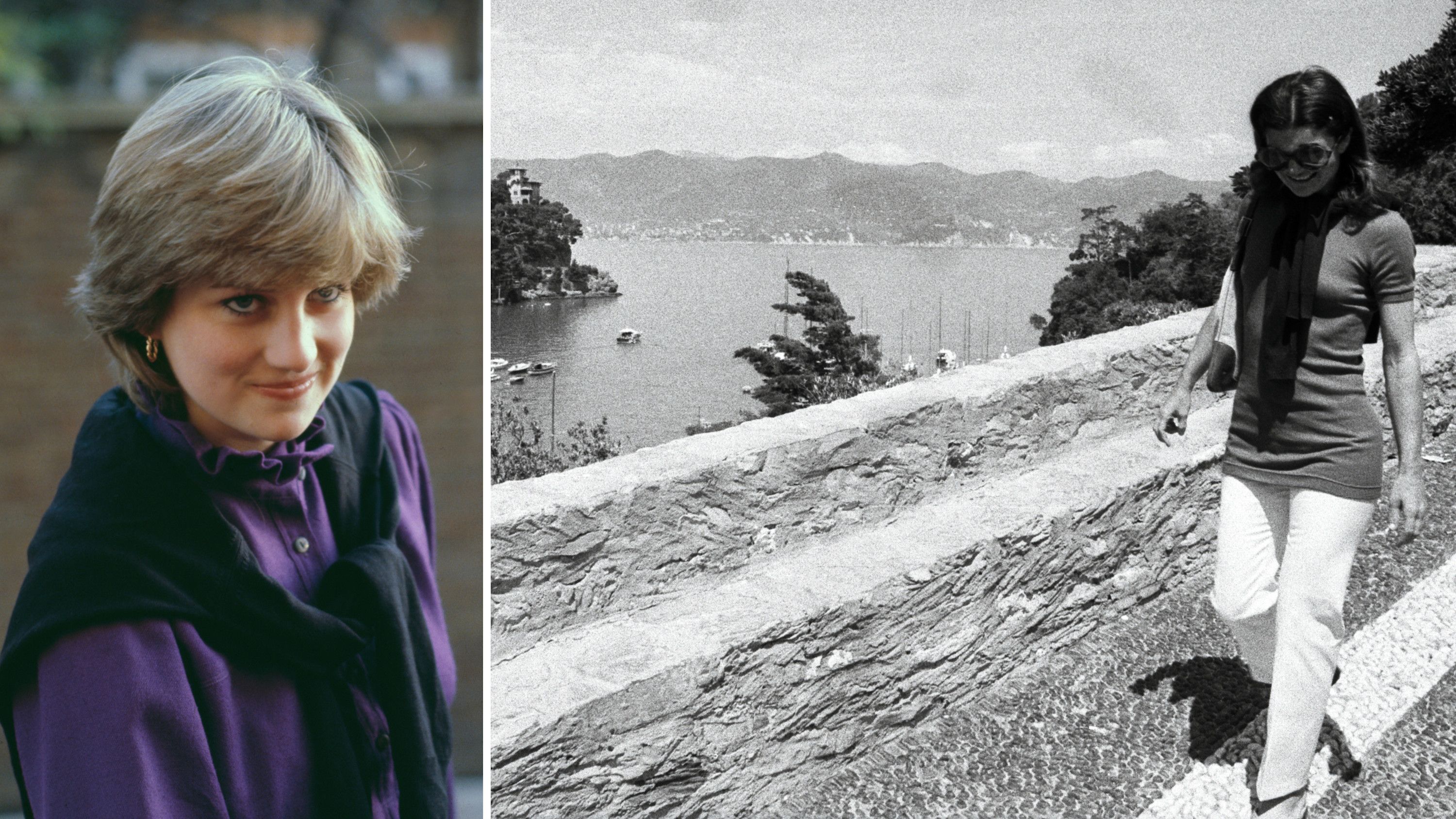 A sinistra, una giovane Diana Spencer mentre lascia l’asilo Young England dove lavora come assistente, 1980; a destra, Jackie Kennedy passeggia a Portofino,1971 - Credits: Getty
