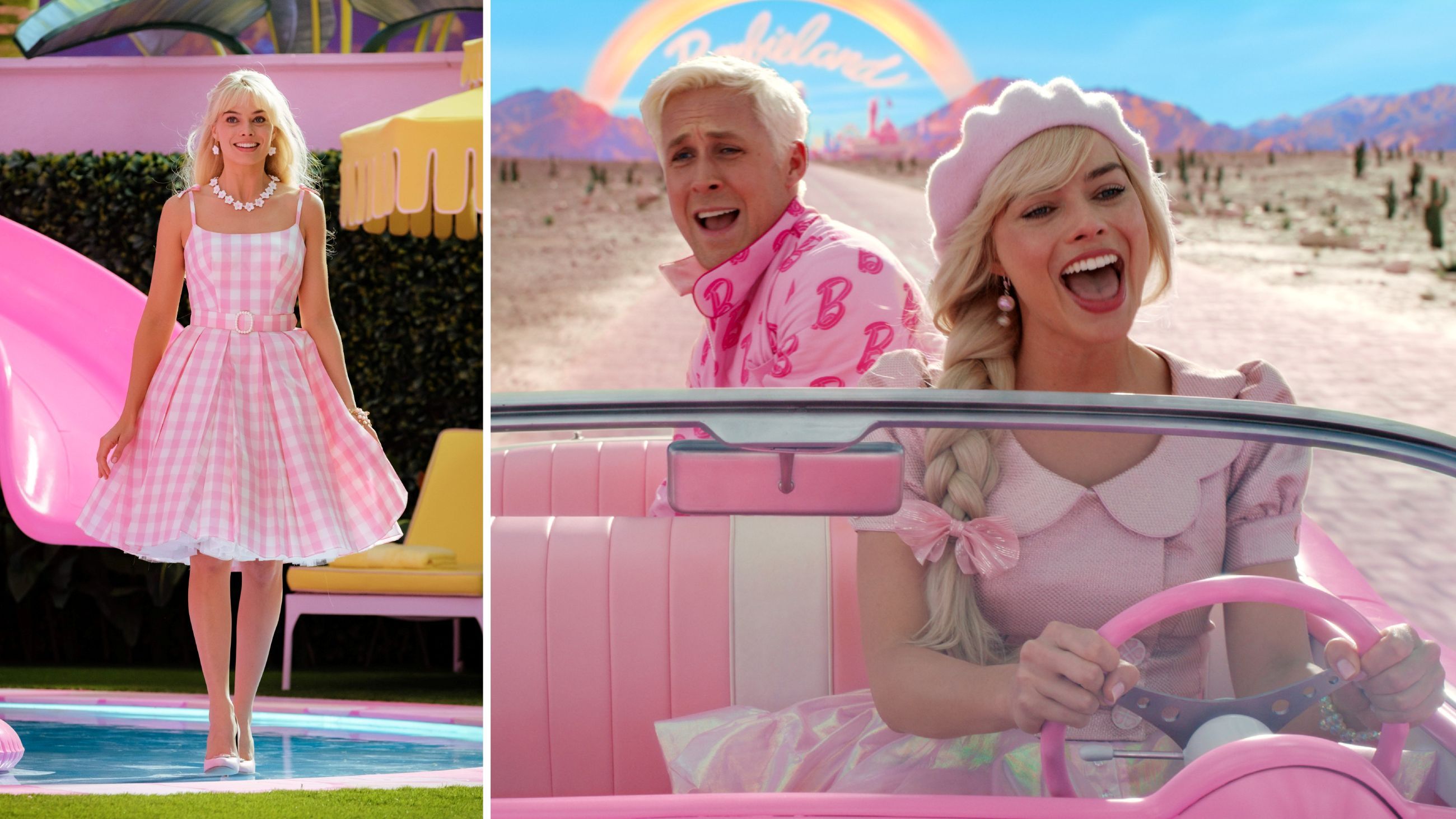 A sinistra, Margot Robbie nei panni di Barbie Stereotipo; a destra, in una scena del film insieme a Ryan Gosling nel ruolo di Ken Stereotipo - Credits: Getty Images