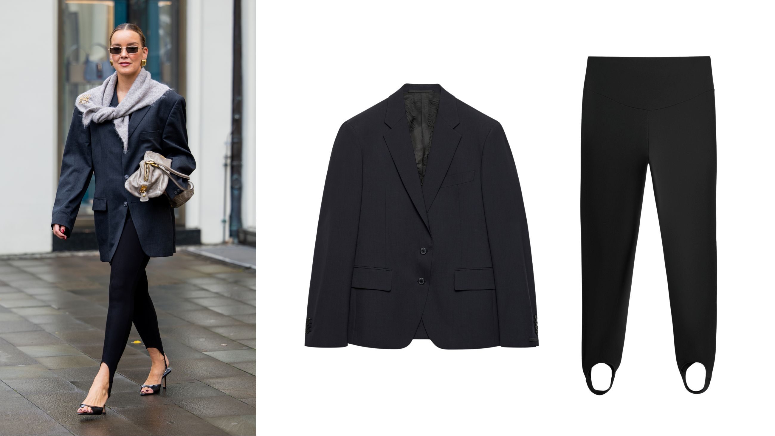 Da sinistra: Street style - Credits: Getty Images; Blazer Parosh, leggings H&M