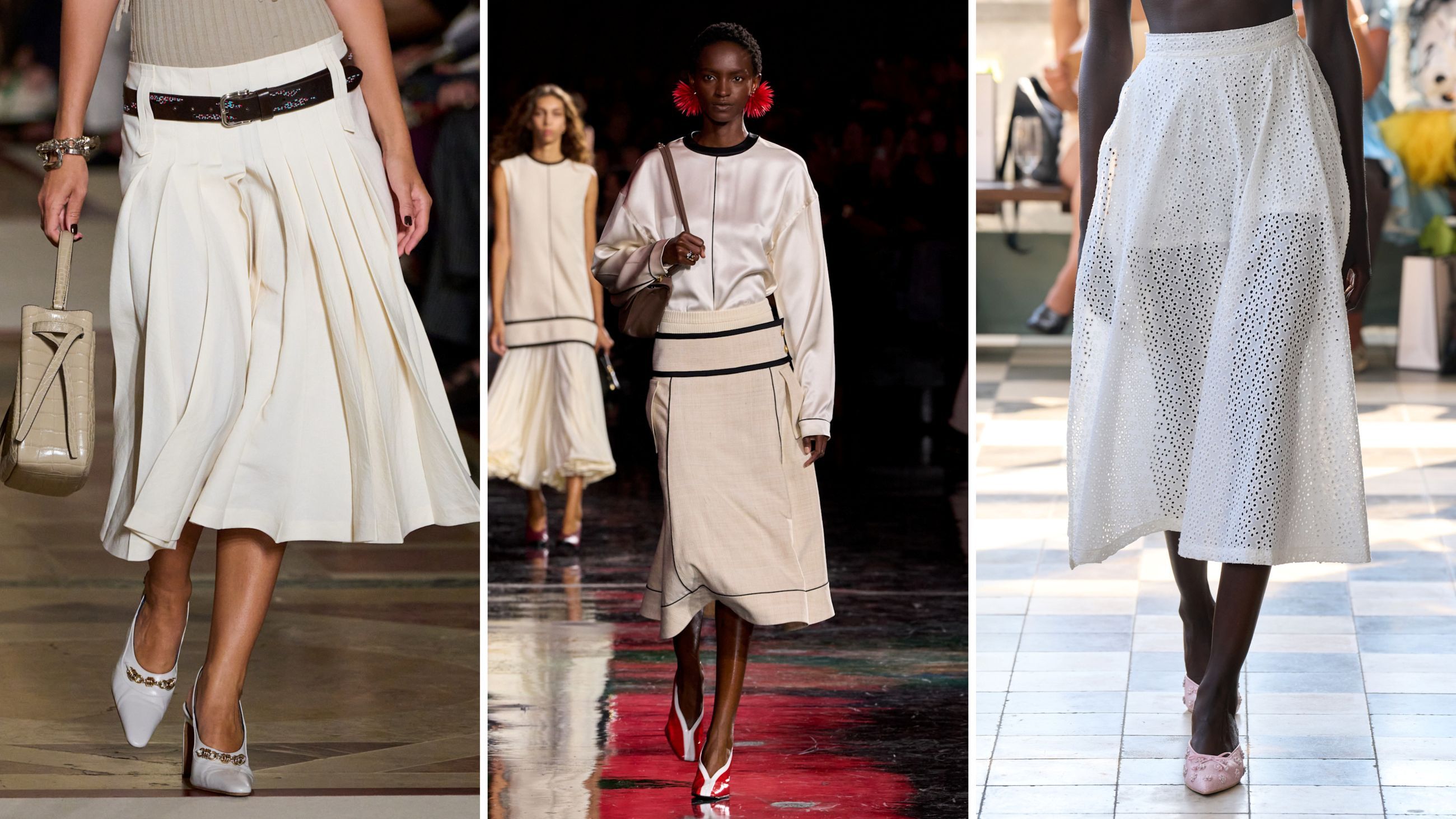 La gonna midi è la capostipite dei capi femminili a conquistare i campi da tennis. Dalle sfilate PE26: da sinistra, mise Tory Burch; Chanel; House of Aama - Credits: Launchmetrics.com/Spotlight
