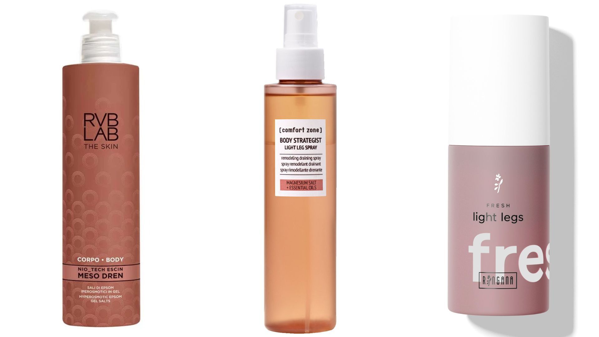 RVB Lab, Meso Dren; Comfort Zone, Body Strategist Light Leg Spray; Ringana, Fresh Light Legs - Credits: Courtesy Press Office