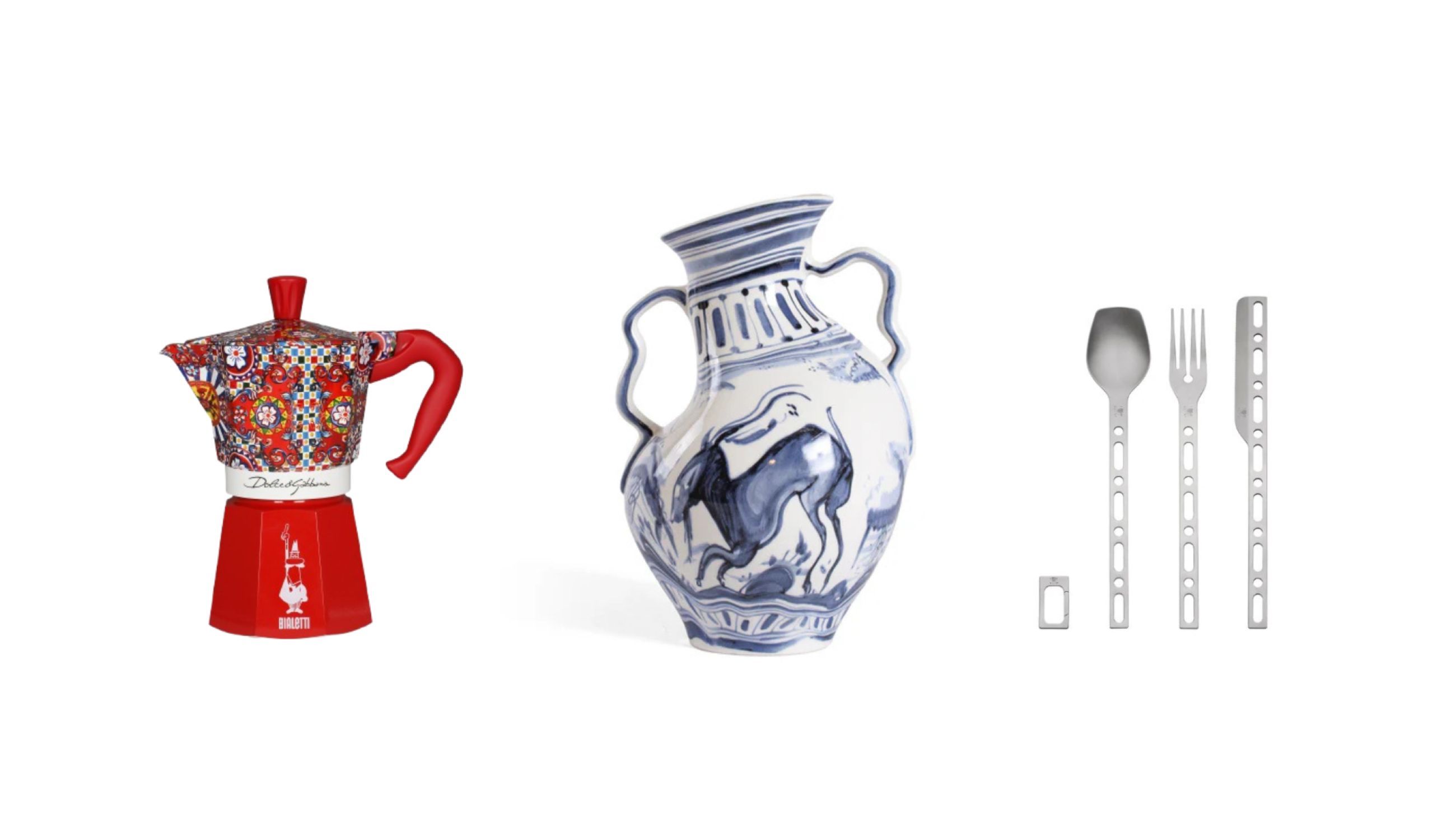 Da sinistra: Moka Bialetti con Dolce Gabbana, Diesel Living con Seletti, le posate Alessi con Virgil Abloh lanciate nel 2022