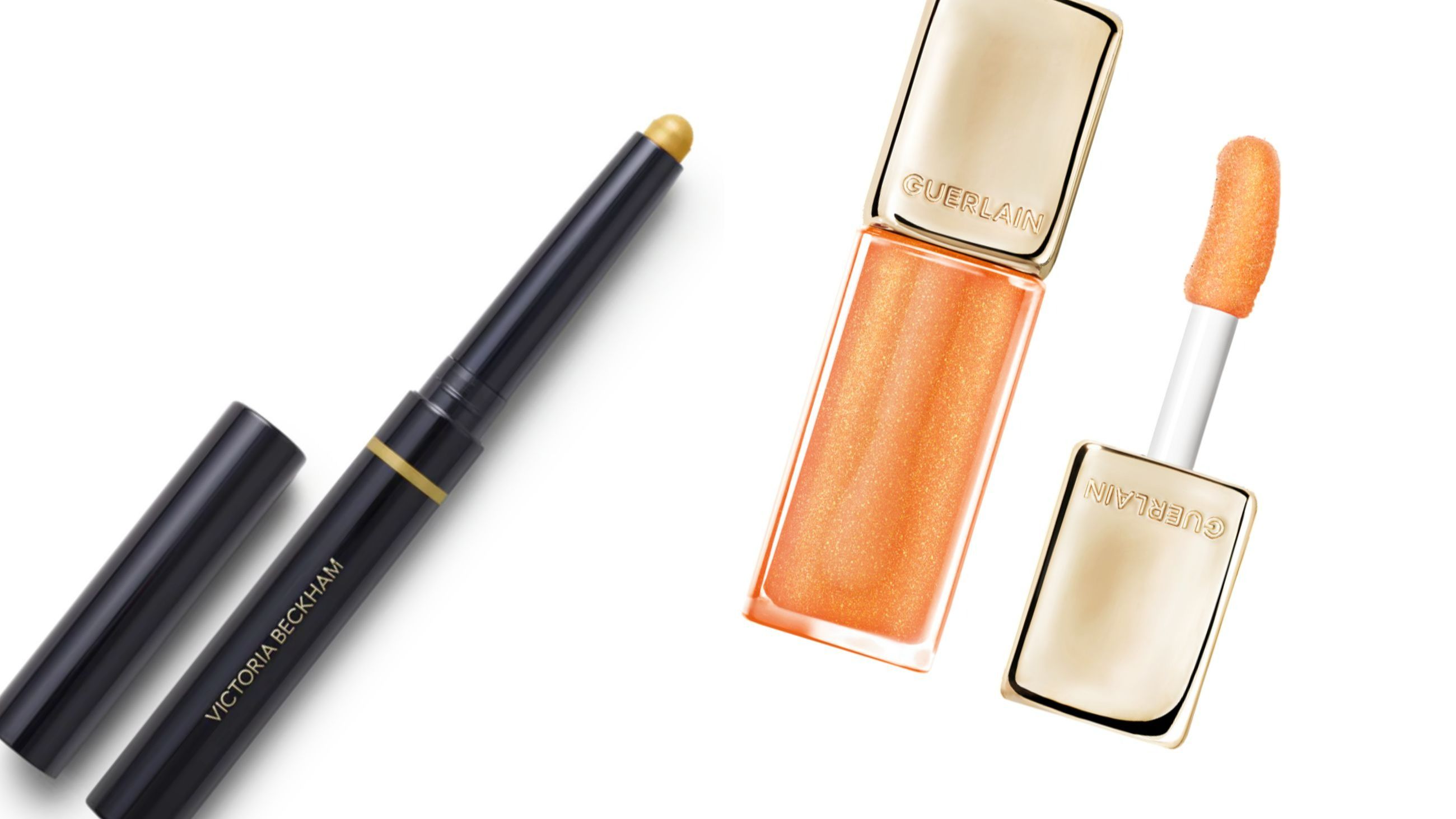 Da sinistra, il Longwear Eyeshadow Stick della linea beauty firmata Victoria Beckham e, a destra, l’olio per labbra della linea KissKiss Bee Glow Oil di Guerlain - Credits – Victoria Beckham: www.victoriabeckhambeauty.com - Guerlain: Press Office 