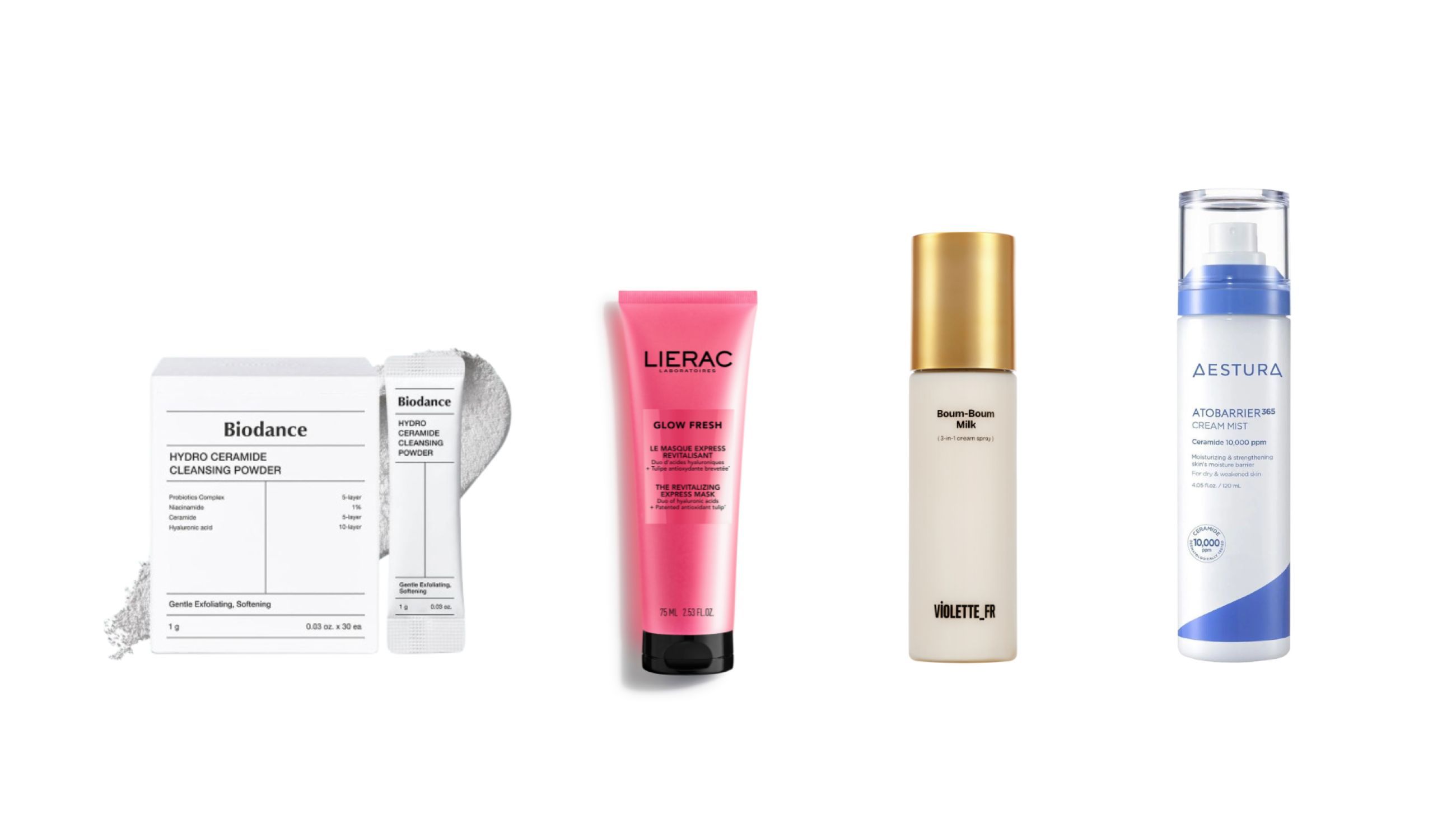 Da sinistra: Biodance, Bio-Collagen Facial Mask; Lierac, The Revitalizing Express Mask; Violette_FR, Boum Boum Milk; Aestura, Atobarrier Cream Mist - Courtesy Press Office