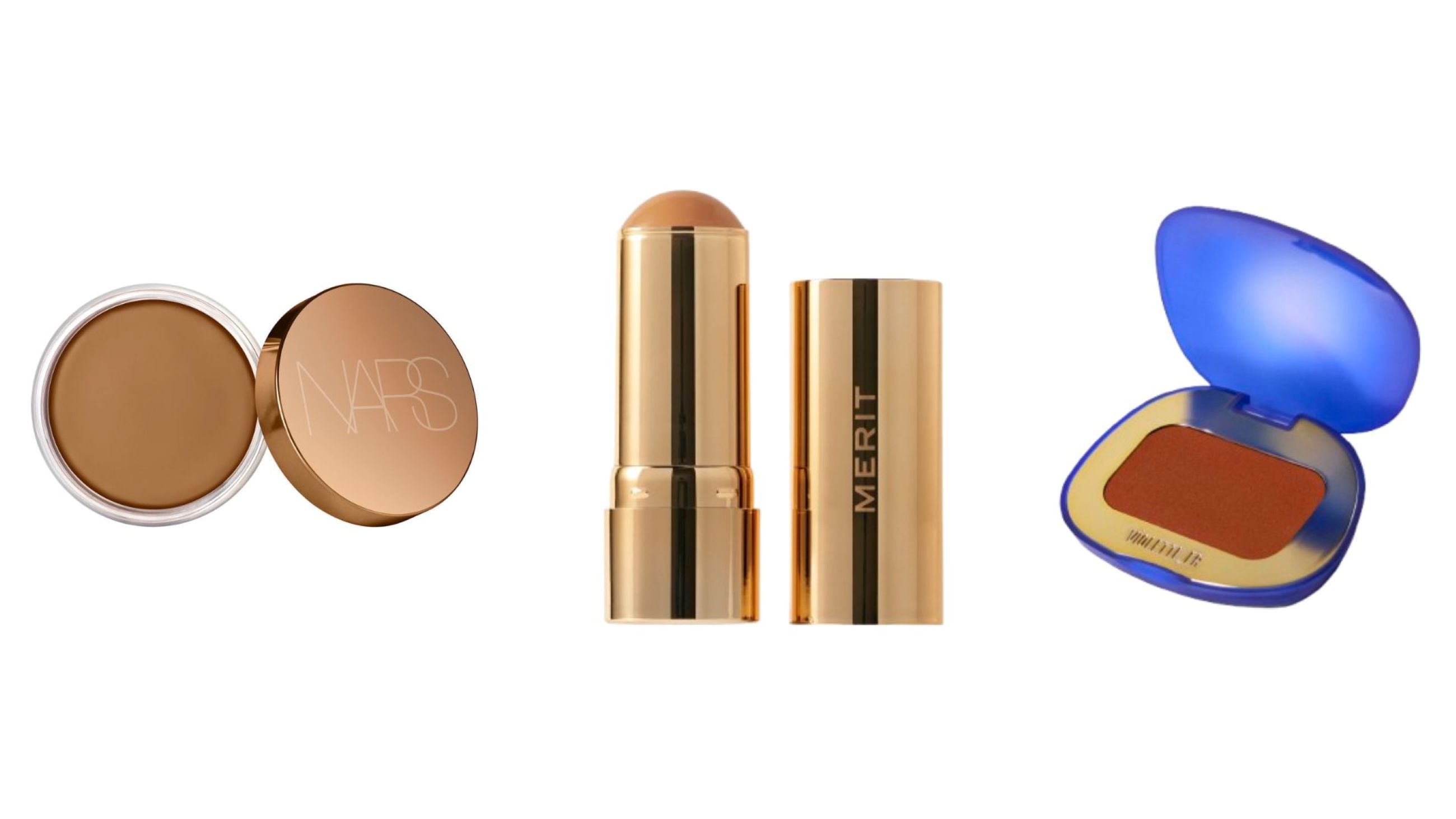 Nars, Laguna Bronzing Cream; Merit Beauty, Bronze Balm; Violette_FR, Plume Blush Ambre Rouge Fumé - Credits: Courtesy Press Office