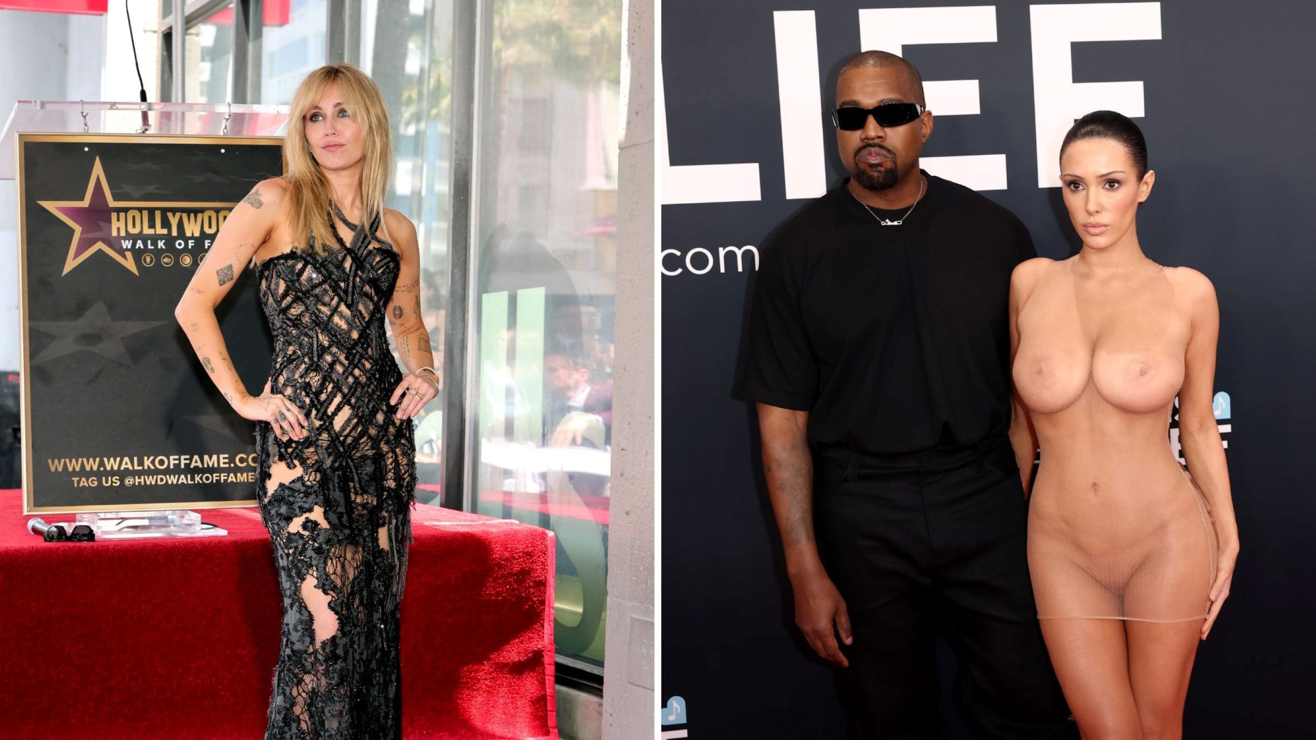 Miley Cyrus alla cerimonia di assegnazione della sua stella sulla Hollywood Walk of Fame lo scorso maggio; Bianca Censori con il marito Kanye West sul red carpet della 67ª edizione dei Grammy Awards il 2 febbraio 2025 a Los Angeles, California - Credits: Getty Images