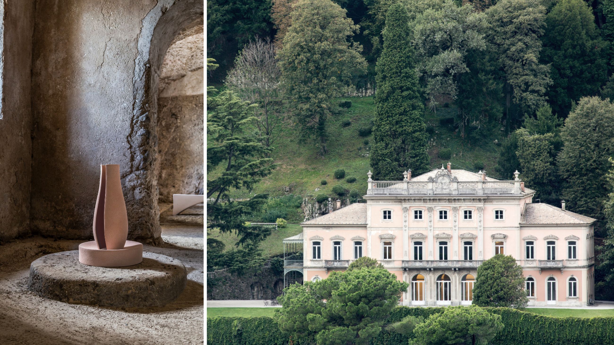 Da sinistra: Atto Puro, al Conservatorio di Como, unisce musica elettronica e design sonoro nel sistema Cosmos di Ultrapresent, per riportare in scena un’opera di Giusto Pio prodotta da Franco Battiato; Future in the Past, a Villa del Grumello per Lake Como Design Festival, mette in dialogo memoria, archivi e design contemporaneo, trasformando il passato in una risorsa per il futuro - Courtesy Lake Como Design Festival