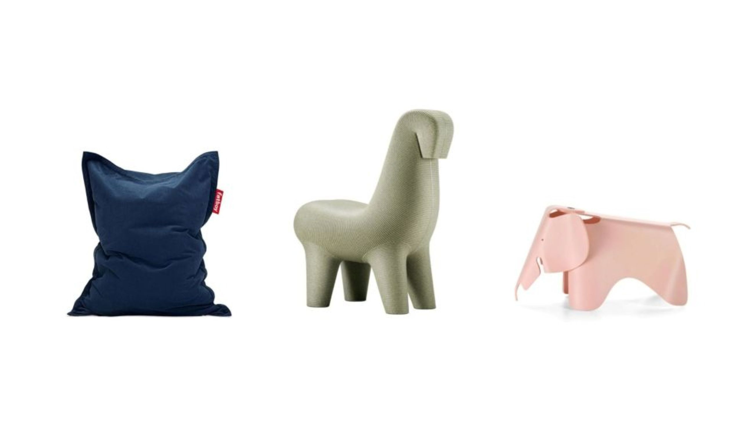 Da sinistra verso destra: Original Slim Cord Poltrona a Sacco di Fatboy; Ghoda Chair di Satyendra Pakhalèper Qeeboo; Elephant RE di Vitra firmato Charles e Ray Eames - Courtesy Press Office 