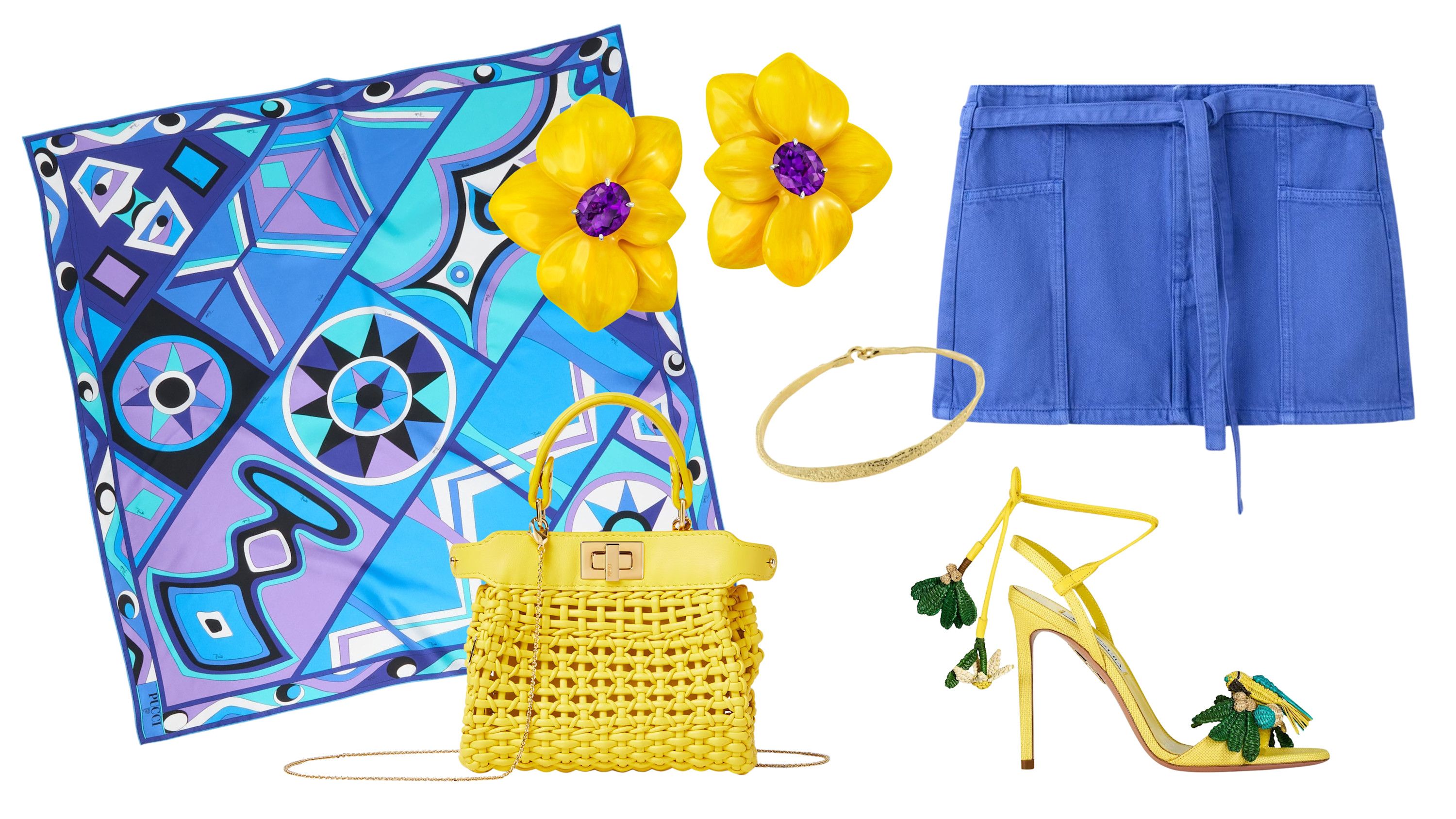 Foulard, Pucci; minigonna, Mango; borsa, Fendi; sandali, Aquazzura; orecchini, Sabbadini; bracciale, Trampos
