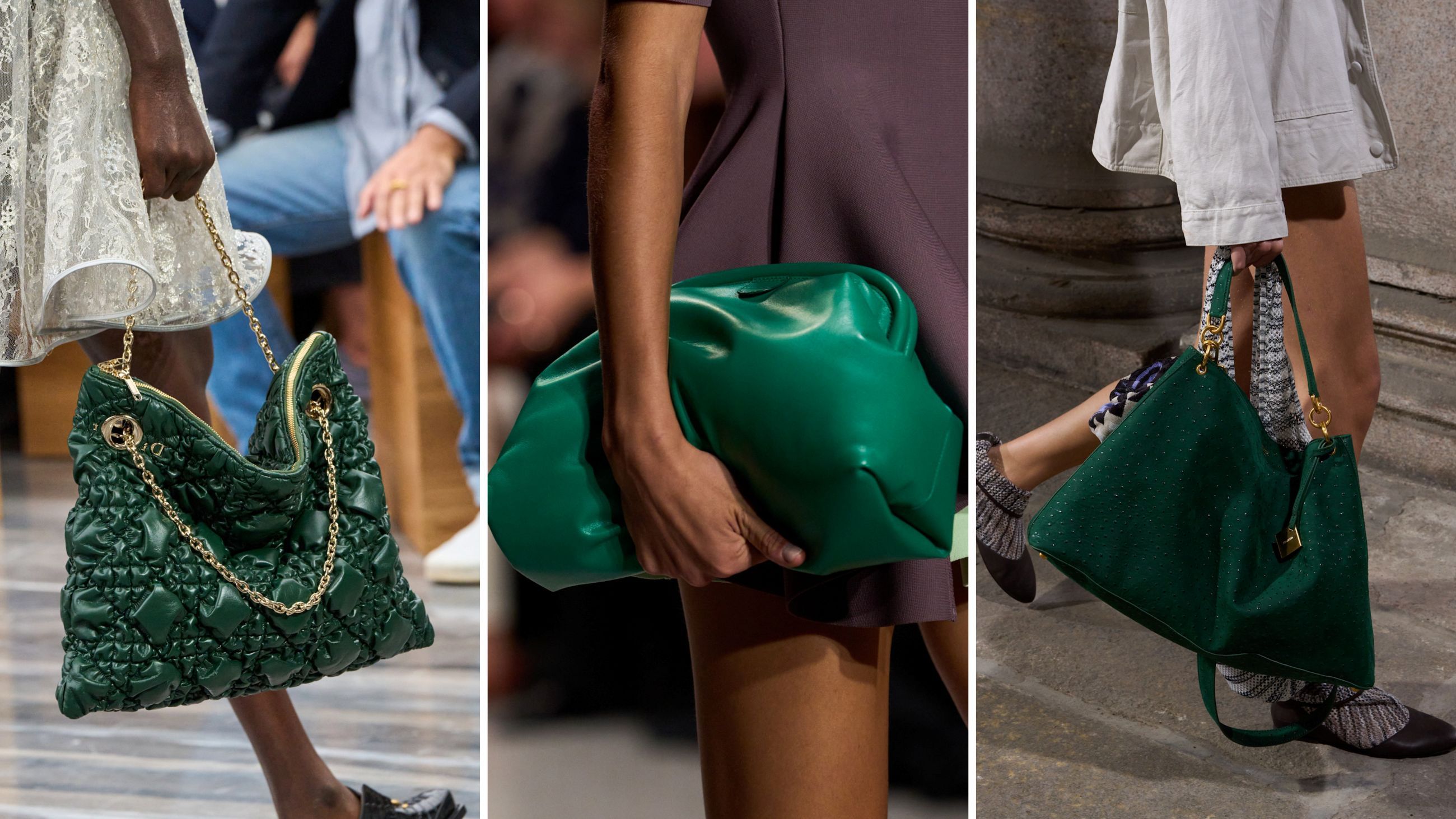Dalle collezioni PE26: l’essenza di erba tagliata si respira indossando borse nella stessa nuance. Da sinistra, modelli di Meryll Rogge, Lacoste e Bottega Veneta - Credits: Launchmetrics.com/Spotlight