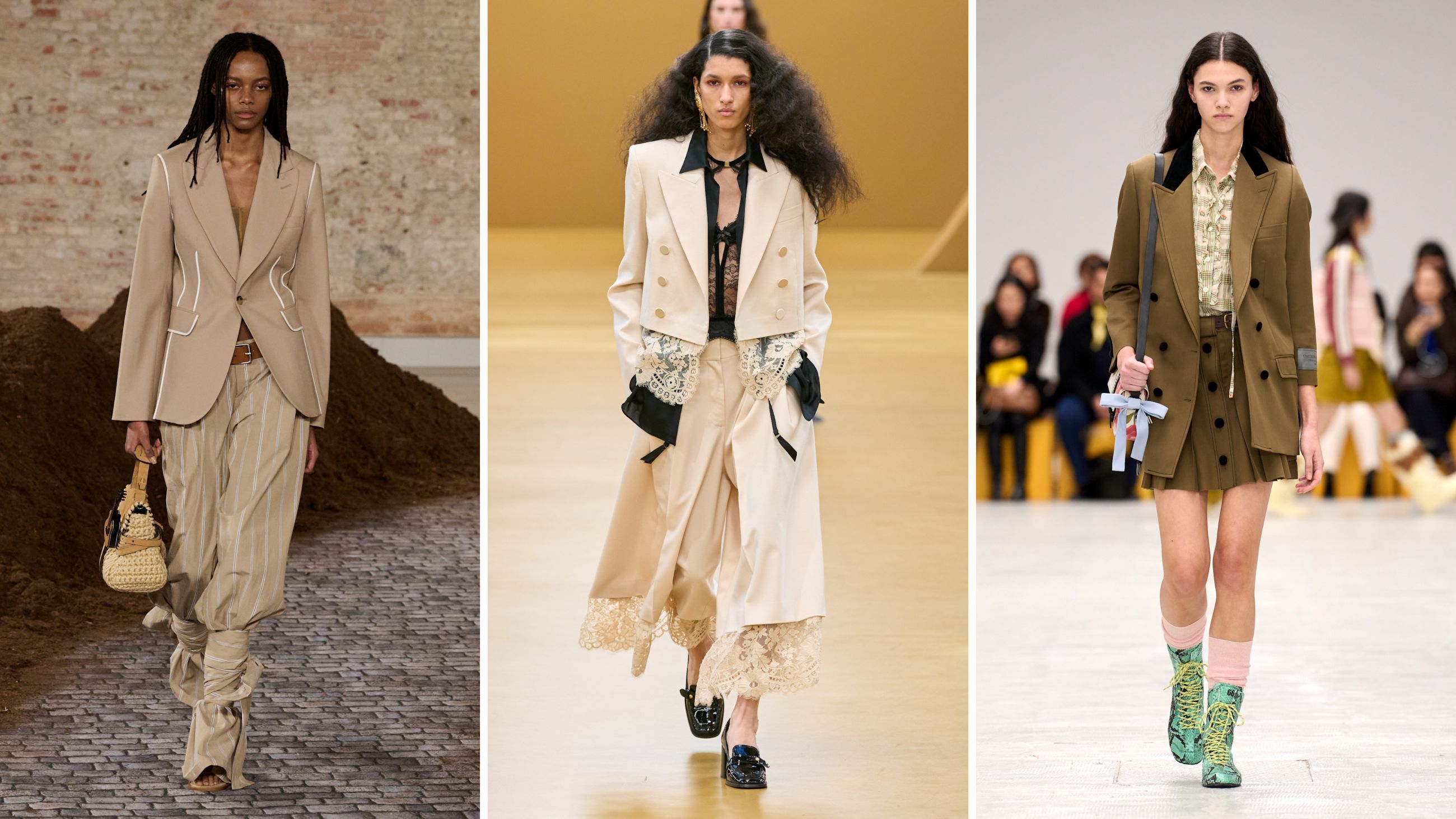 Dalle sfilate FW26: da sinistra Moschino; Zimmermann; Onitsuka Tiger - Credits: Launchmetrics.com/Spotlight