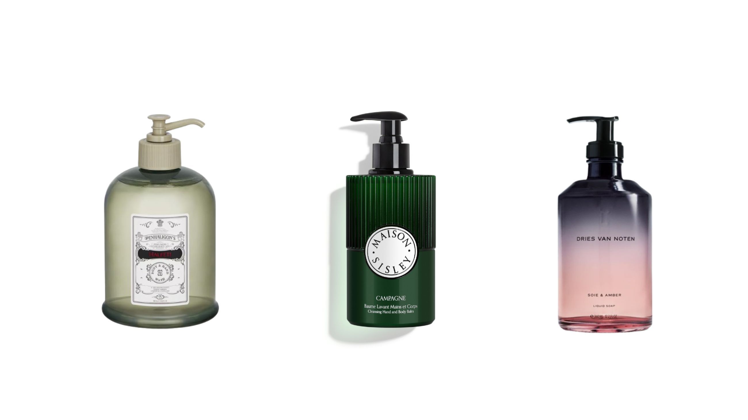 Da sinistra: Penhaligon's, Halfeti Hand Wash; Maison Sisley, Baume Lavant Mains et Corps; Dries Van Noten, Soie & Amber Liquid Soap - Courtesy Press Office