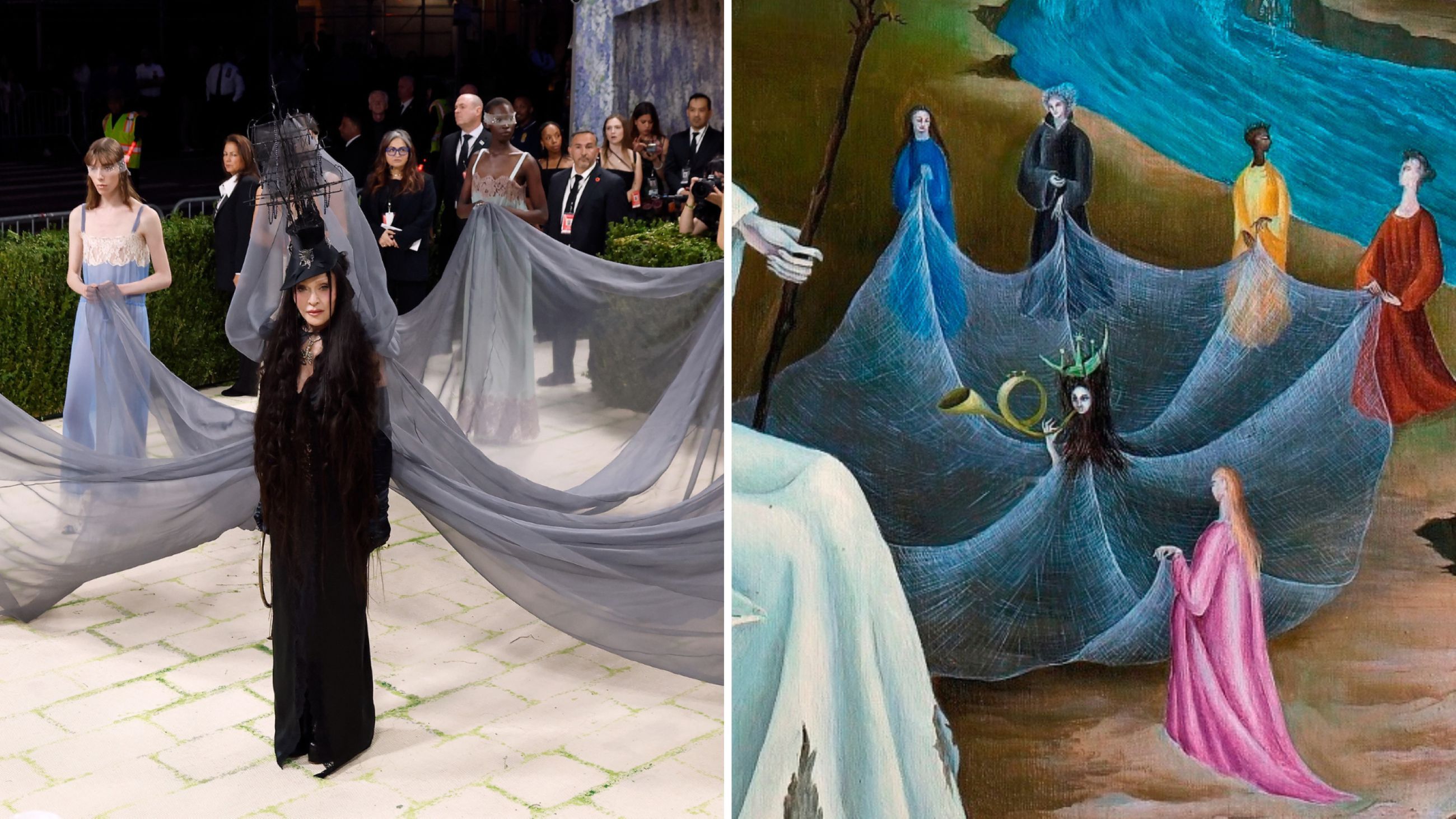 A sinistra: Madonna al Met Gala 2026 - Credits Getty Images; a destra: The Temptation of St. Anthony. Fragment II di Leonora Carrington, 1945