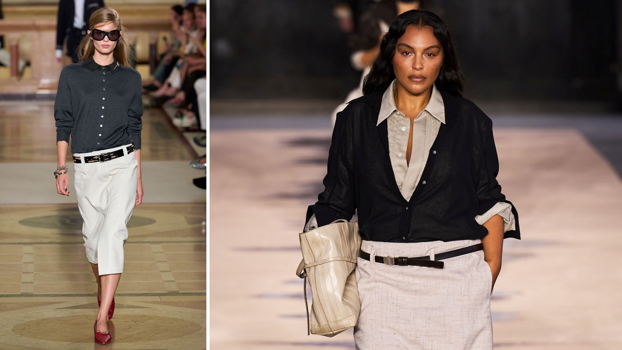 Cardigan indossati dentro le gonne come fossero camicie. Dalle passerelle PE26: da sinistra modelli Tory Burch; Boss - Credits: Launchmetrics.com/Spotlight