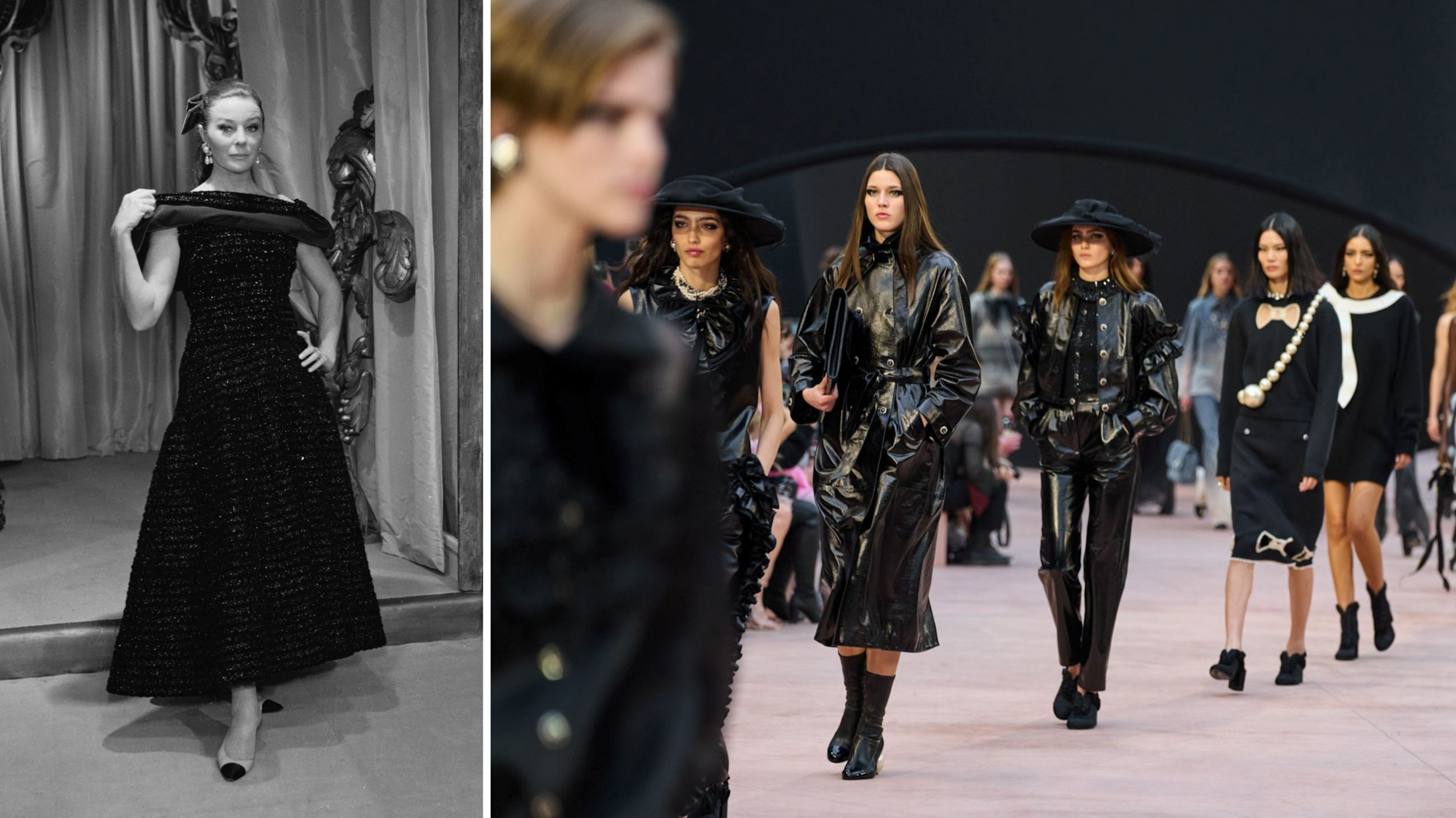 A sinistra la modella francese Bettina Graziani sfila  indossando un petite robe noir firmato Chanel, France, 31 luglio 1967 - Credits: Getty; a destra un estratto della sfilata di Chanel FW2526. Alcune creazioni sfilano, una dopo l’altra, mostrando come il nero sia una nuance protagonista delle collezioni odierne: un colore adatto sia al giorno che alla sera, simbolo di eleganza e sofisticatezza, adatto a tutte le età - Credits: Launchmetrics.com/Spotlight
