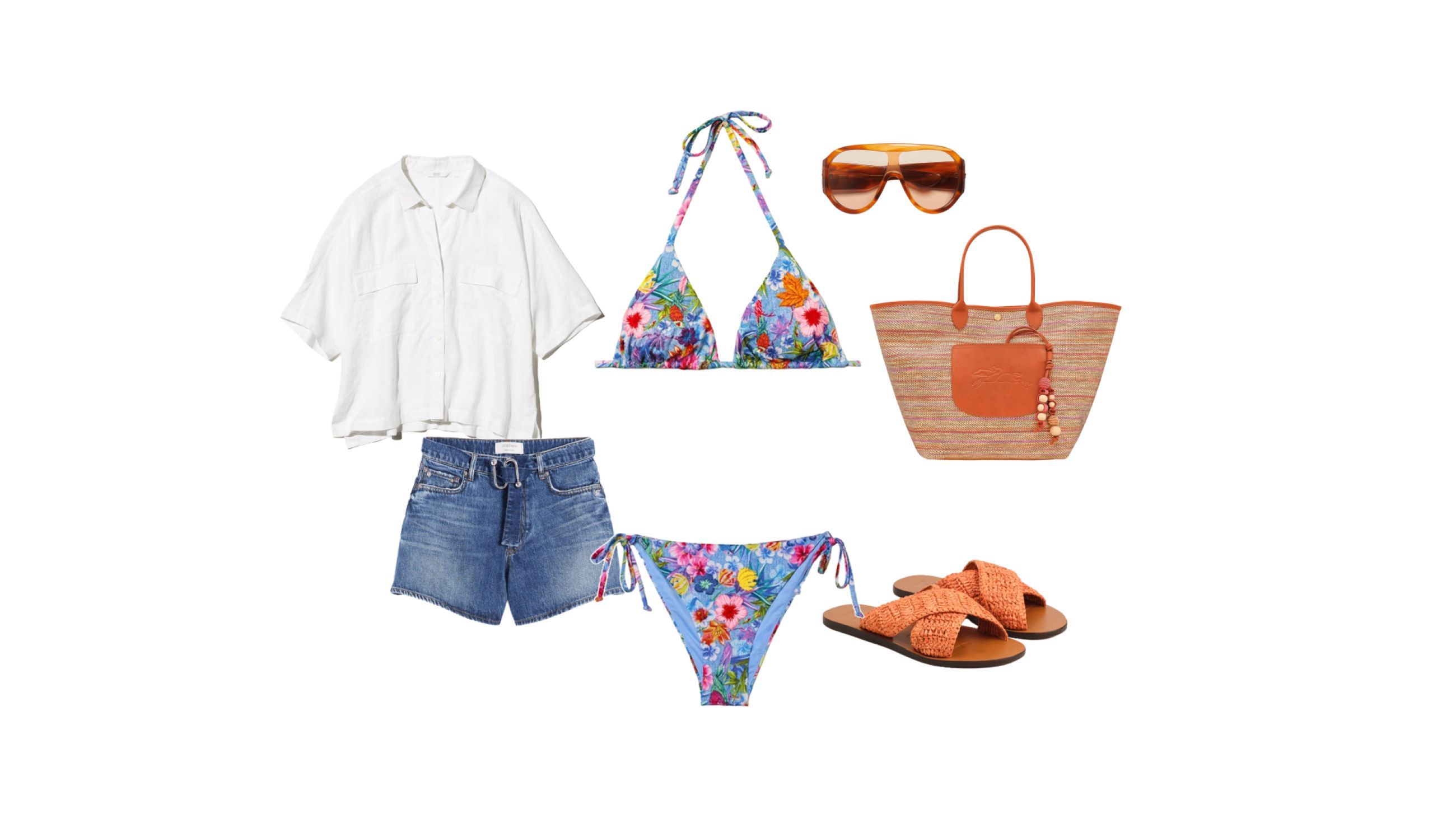 Bikini Goldenpoint, shorts Max Mara, camicia Uniqlo, occhiali Bottega Veneta, borsa Longchamp, ciabatte Manebì