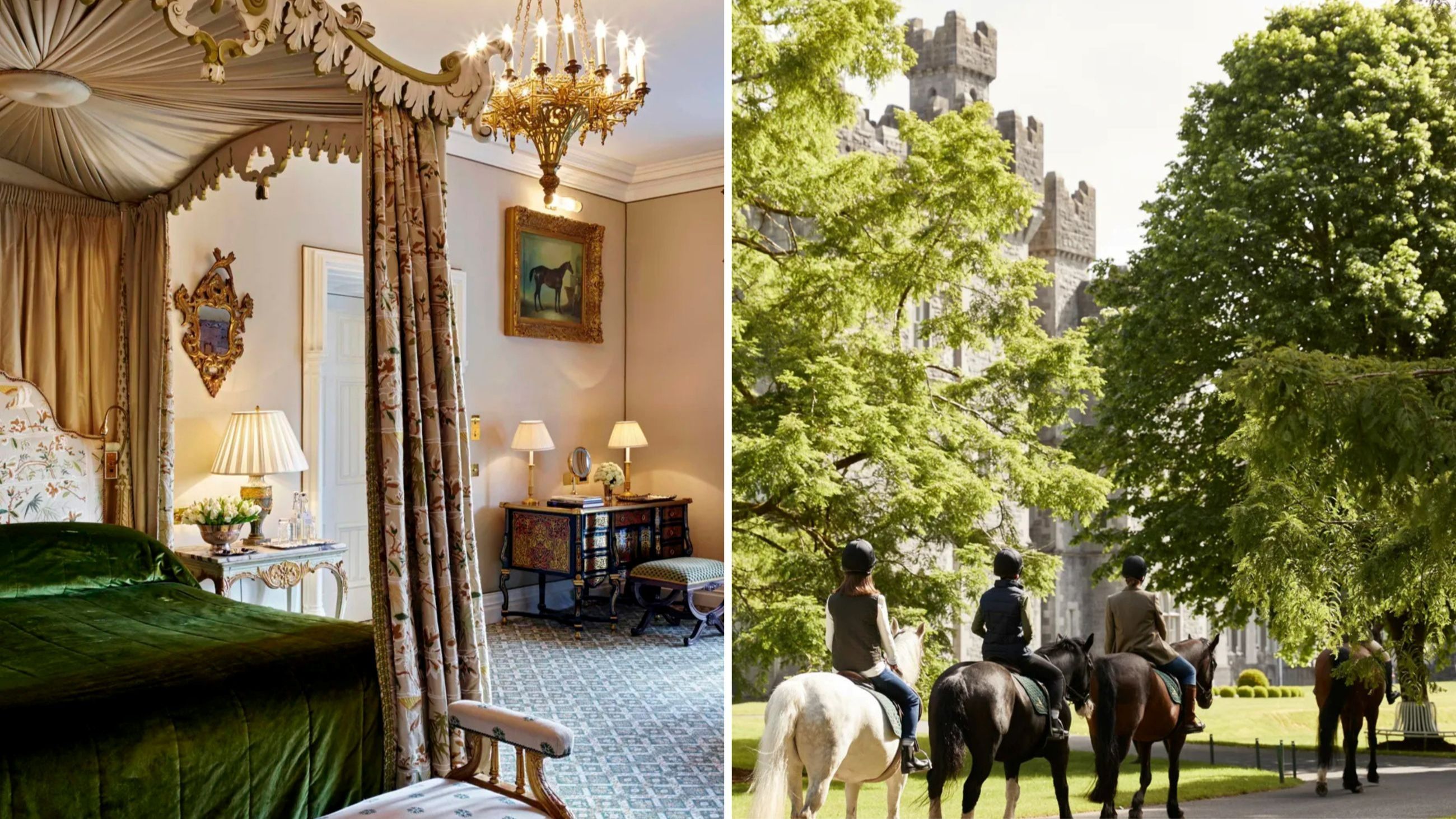 A sinistra, una delle camere prenotabili se si desidera soggiornare all’Ashford Castle. Gli arredi sono sfarzosi e donano luce agli interni; a destra, alcuni ospiti visitano la tenuta in sella ai cavalli che vivono nelle scuderie del maniero - Credits: www.ashfordcastle.com