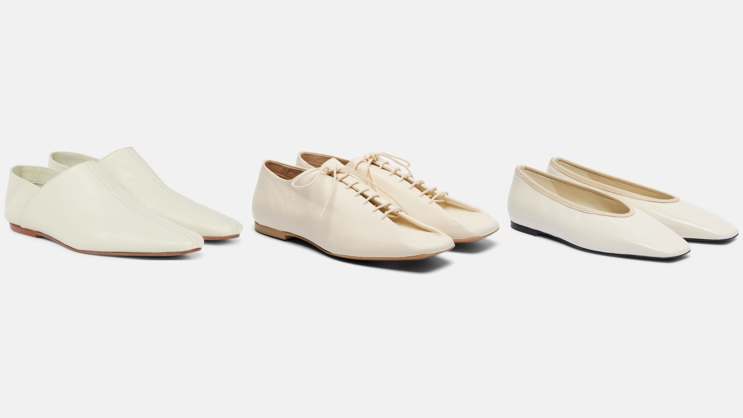 Da sinistra: scarpe bianche loafer Dries Van Noten; scarpe bianche loafer Lemaire; scarpe bianche loafer Toteme - Courtesy Press Office
