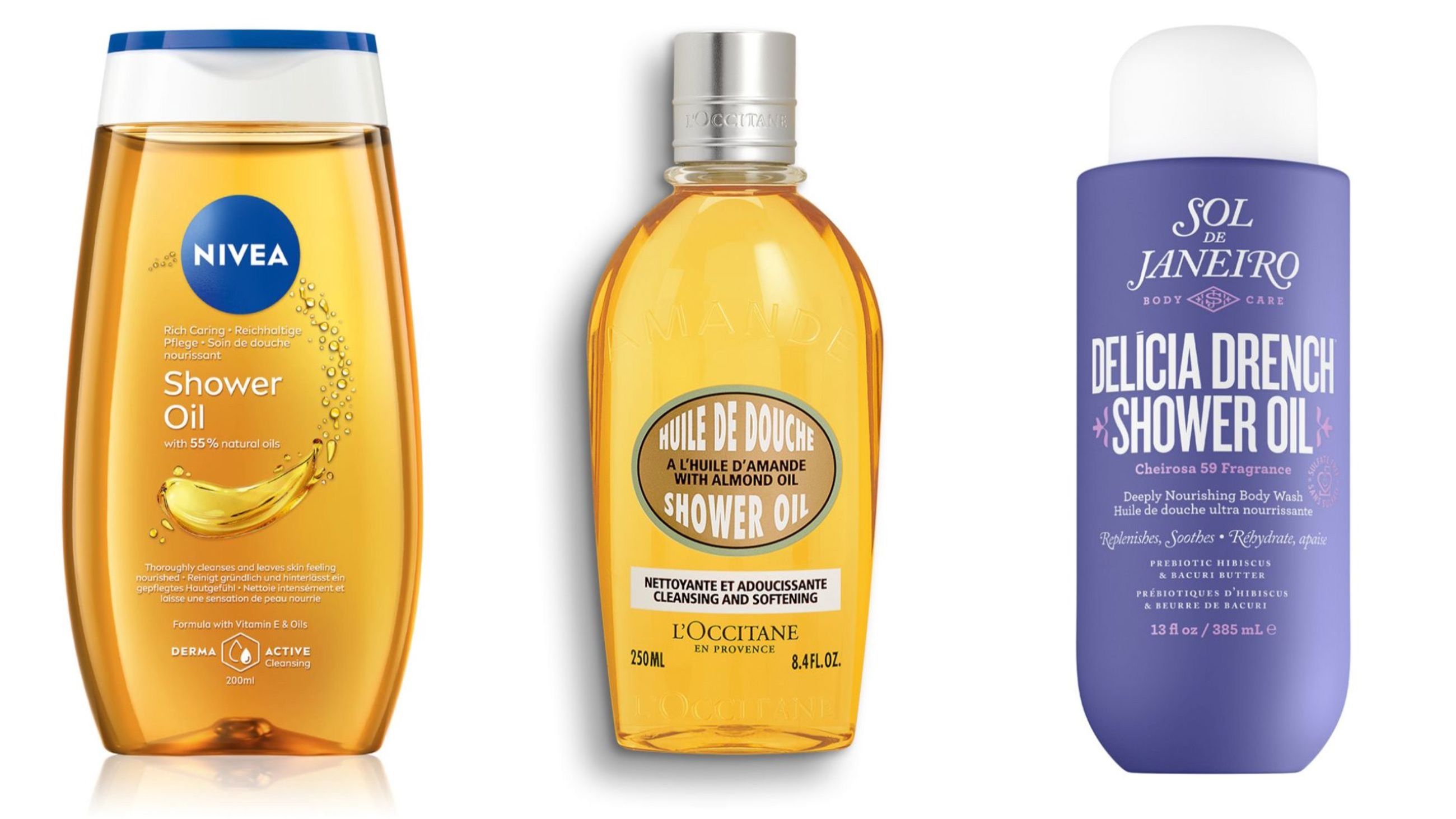  Nivea, Rich Care Shower Oil; L'Occitane, Olio Doccia alla Mandorla; Sol de Janeiro, Delicia Drench Shower Oil - Credits: Courtesy Press Office