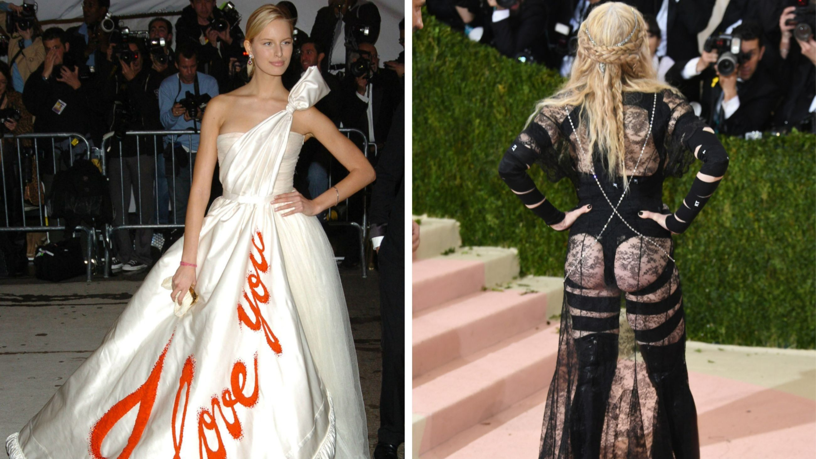 Da sinistra: Karolina Kurkova sul carpet del met 2005 a tema “House of Chanel”; lo scatto di Madonna di spalle durante il Met Gala del 2016 - Credits Getty Images 