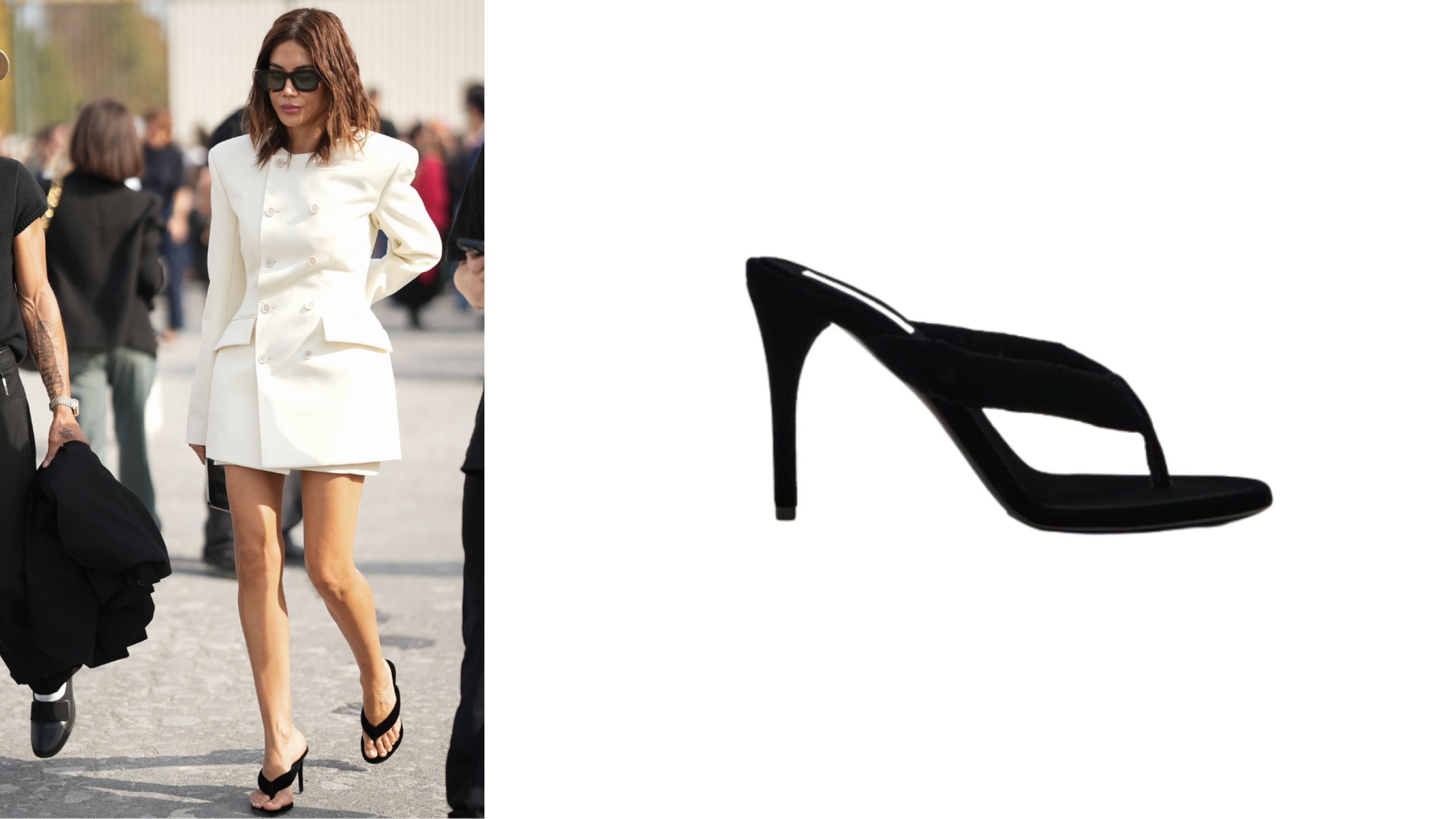 Da sinistra: Christine Centenera indossa Alaia sandali infradito, Credits Getty Images; Alaïa - Courtesy Press Office