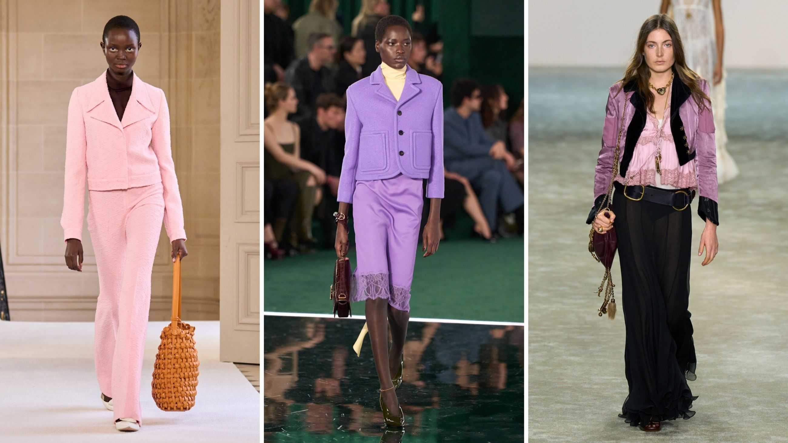 Da sinistra rosa e tonalità violacee vanno in scena nelle sfilate FW2526 di Giambattista Valli, Gucci e Chloé - Credits: Launchmetrics.com/Spotlight