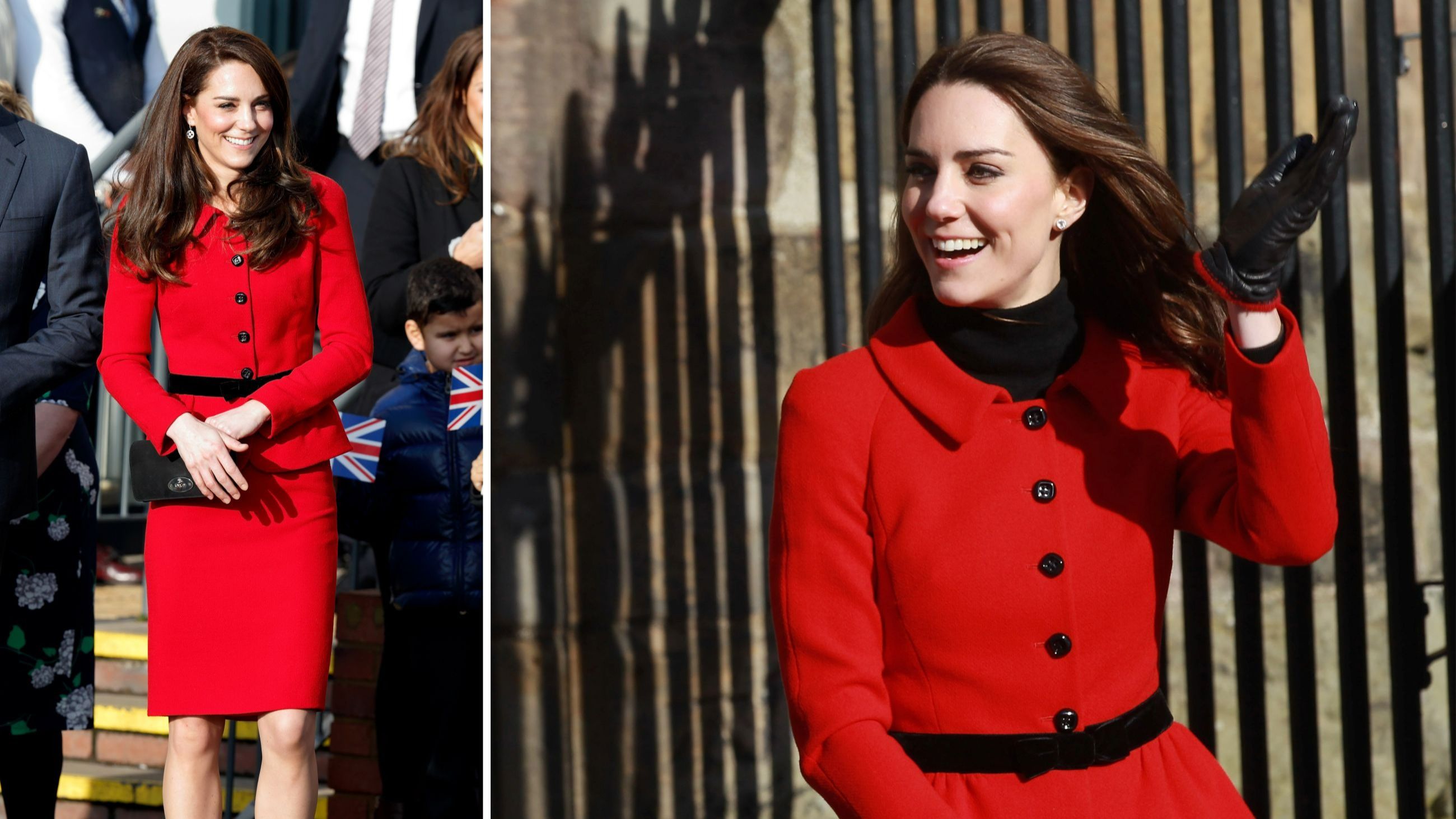 A sinistra, Kate Middleton a un evento benefico indossando un tailleur Luisa Spagnoli; a destra, William e Kate in visita all'Università di St. Andrews, luogo in ci si sono conosciuti, nel 2011 - Credits: Getty Images