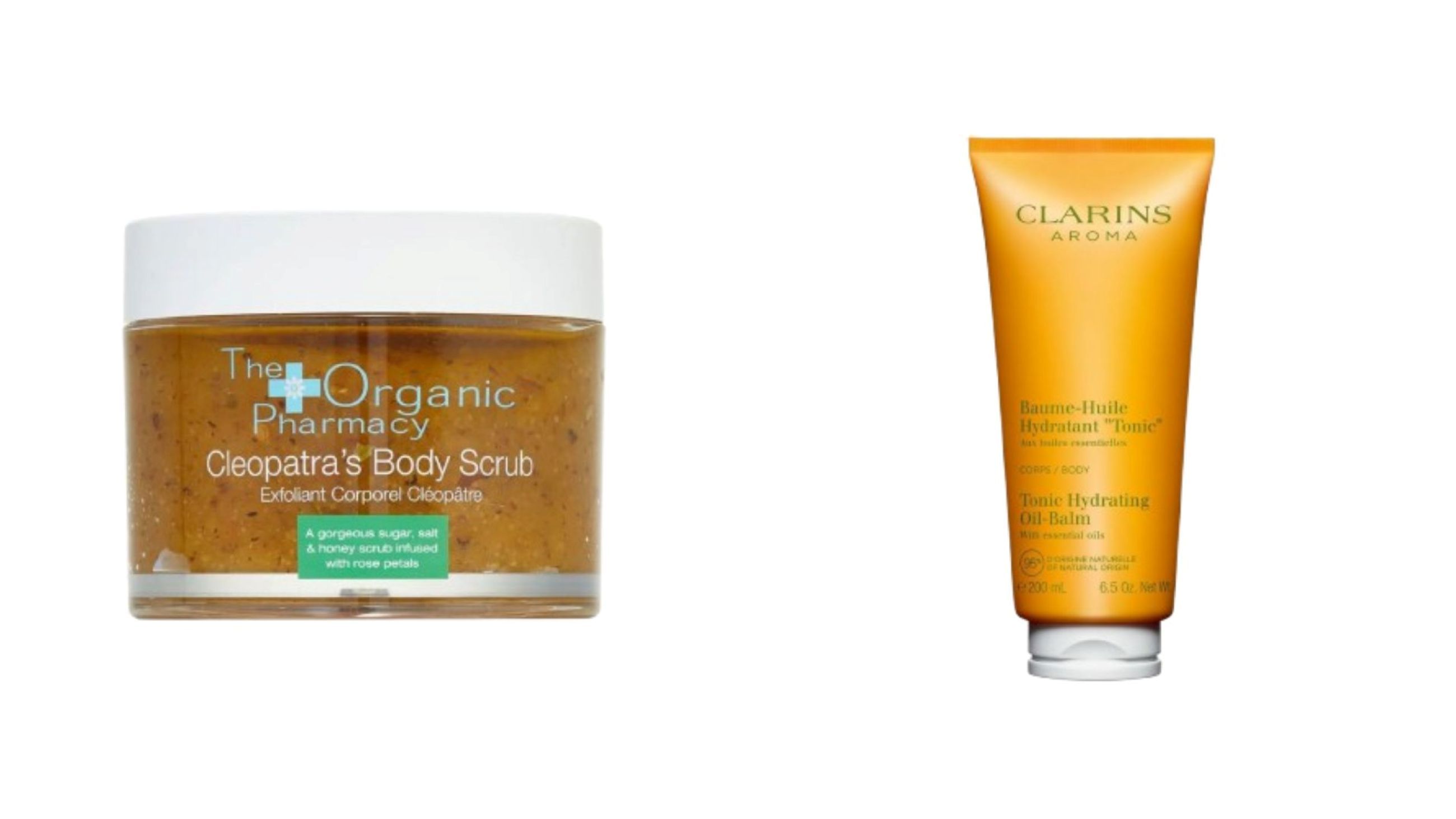 The Organic Pharmacy, Cleopatra's Body Scrub; Clarins, Tonic Hydrating Oil-Balm - Credits: Courtesy Press Office 