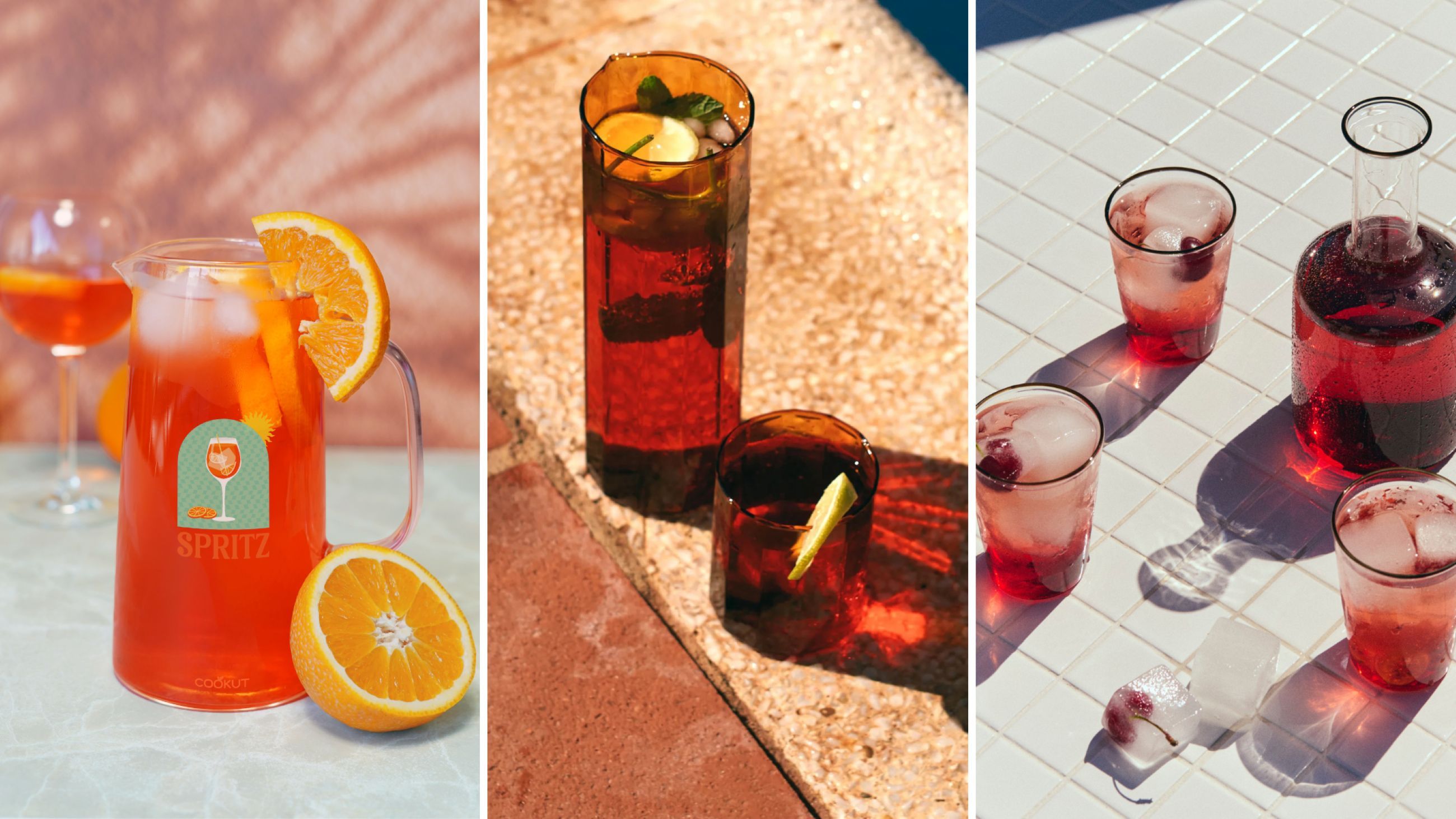 Da sinistra: Carafe à Spritz Parfait di Cookut - Courtesy Cookut; Sunlit di HK living - Courtesy HK living; Collezione Rim di Hay - Courtesy Hay