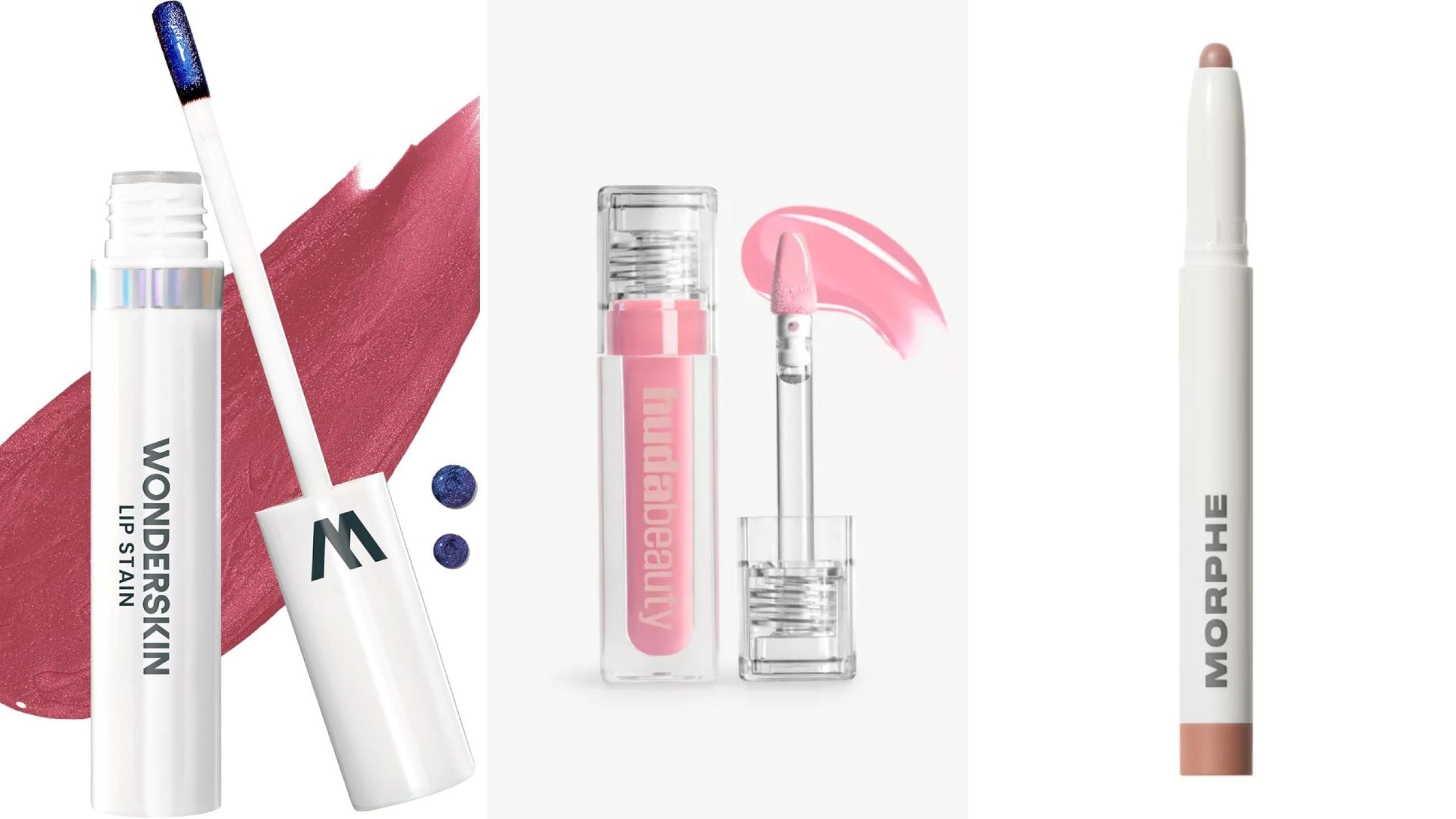 Wonderskin, Wonder Blading All Day Stain; Huda Beauty, Faux Filler Gloss; Morphe, Shape Lifter Micro Contour Stick - Credits: Courtesy Press Office