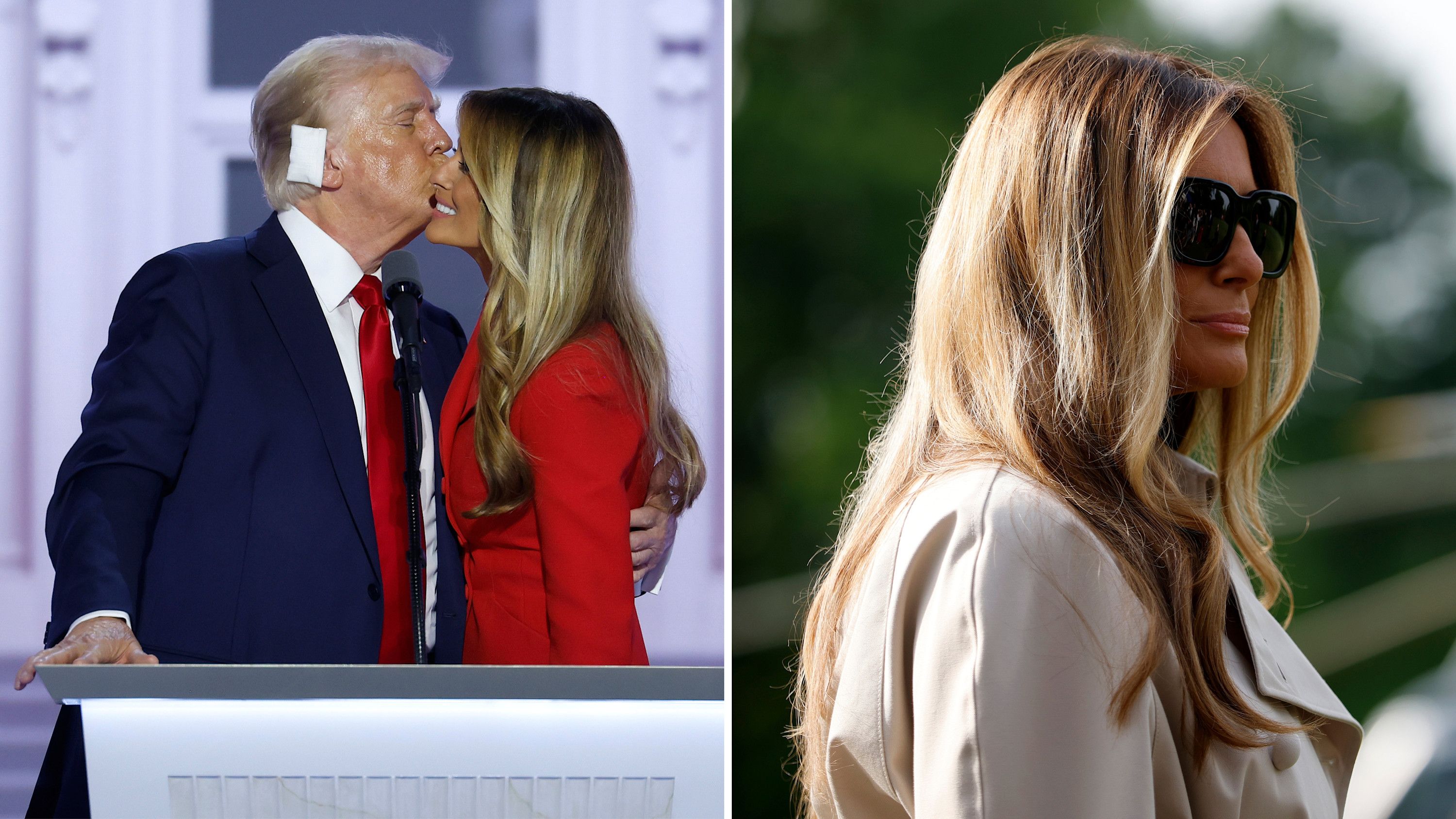 A sinistra Melania Trump con il marito Donald Trump sul palco della convention repubblicana di Milwaukee, 2024; a destra la Flotus in attesa dell’inizio di un discorso del Tycoon, Casa Bianca, Washington, 2025 - Credits: Getty Images
