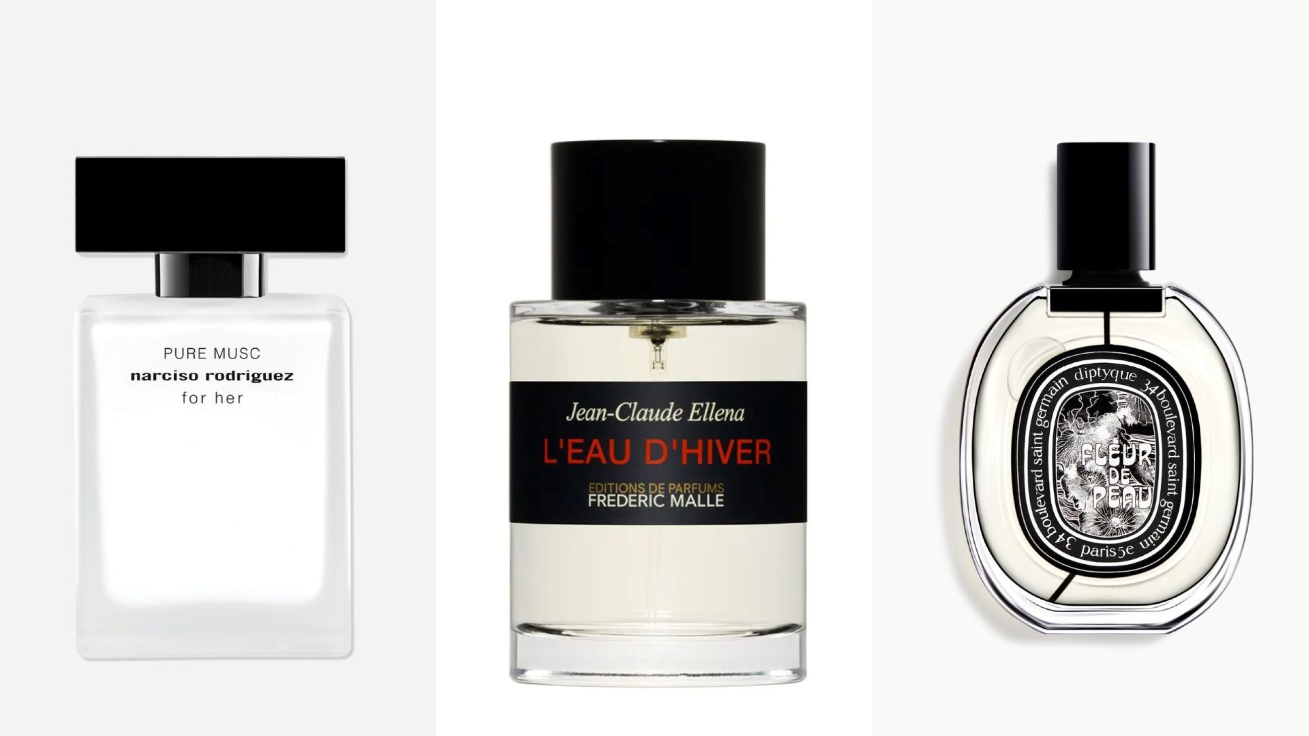 Narciso Rodriguez, Pure Musc; Frédéric Malle, L'Eau d’Hiver; Diptyque, Fleur De Peau - Courtesy Press Office