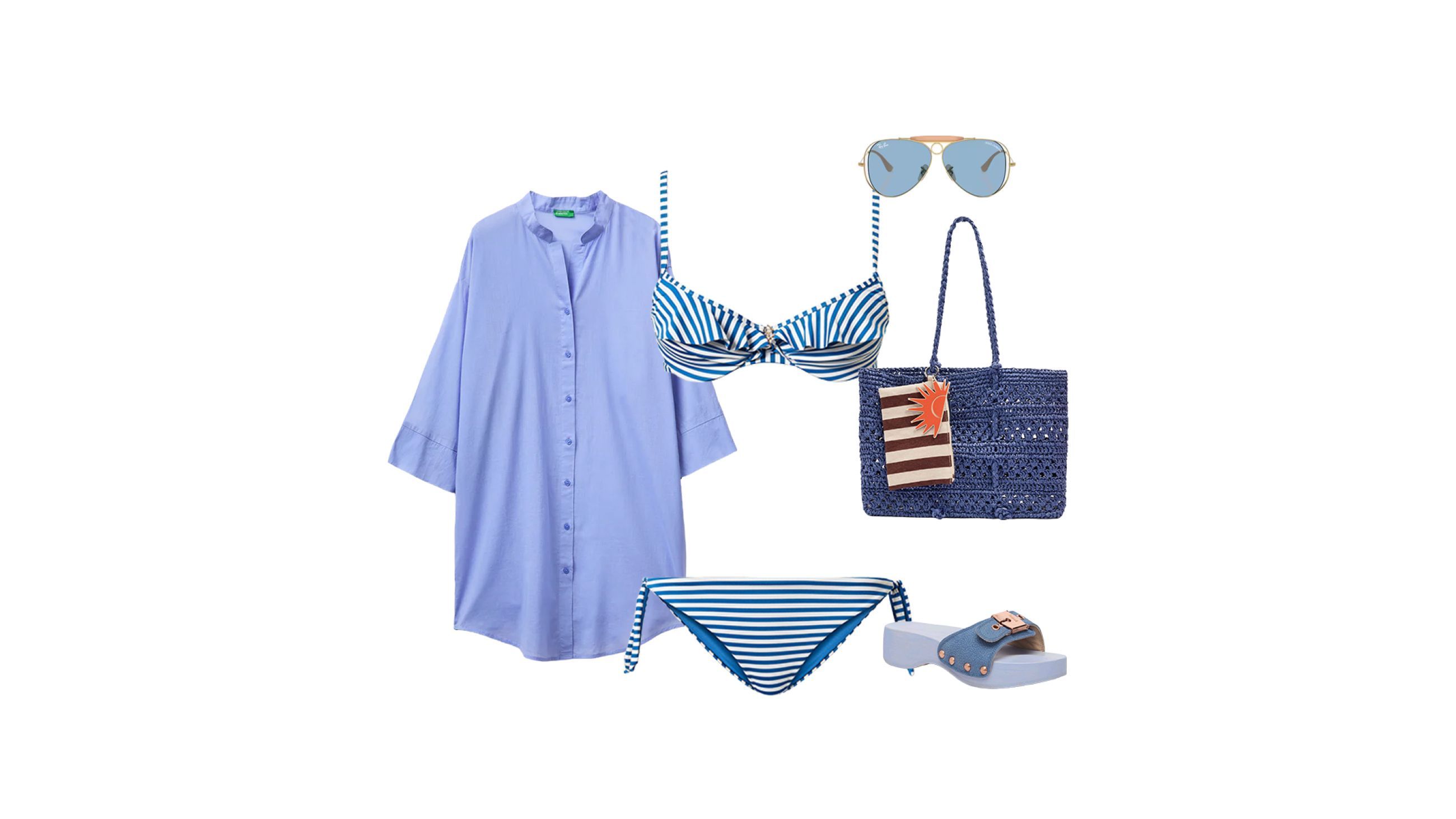 Camicia Benetton, Bikini Twinset, Occhiali Ray-Ban x Dolce&Gabbana, Maxi Bag Parfois, Clogs Pescura Scholl - Credits: Courtesy Press Office